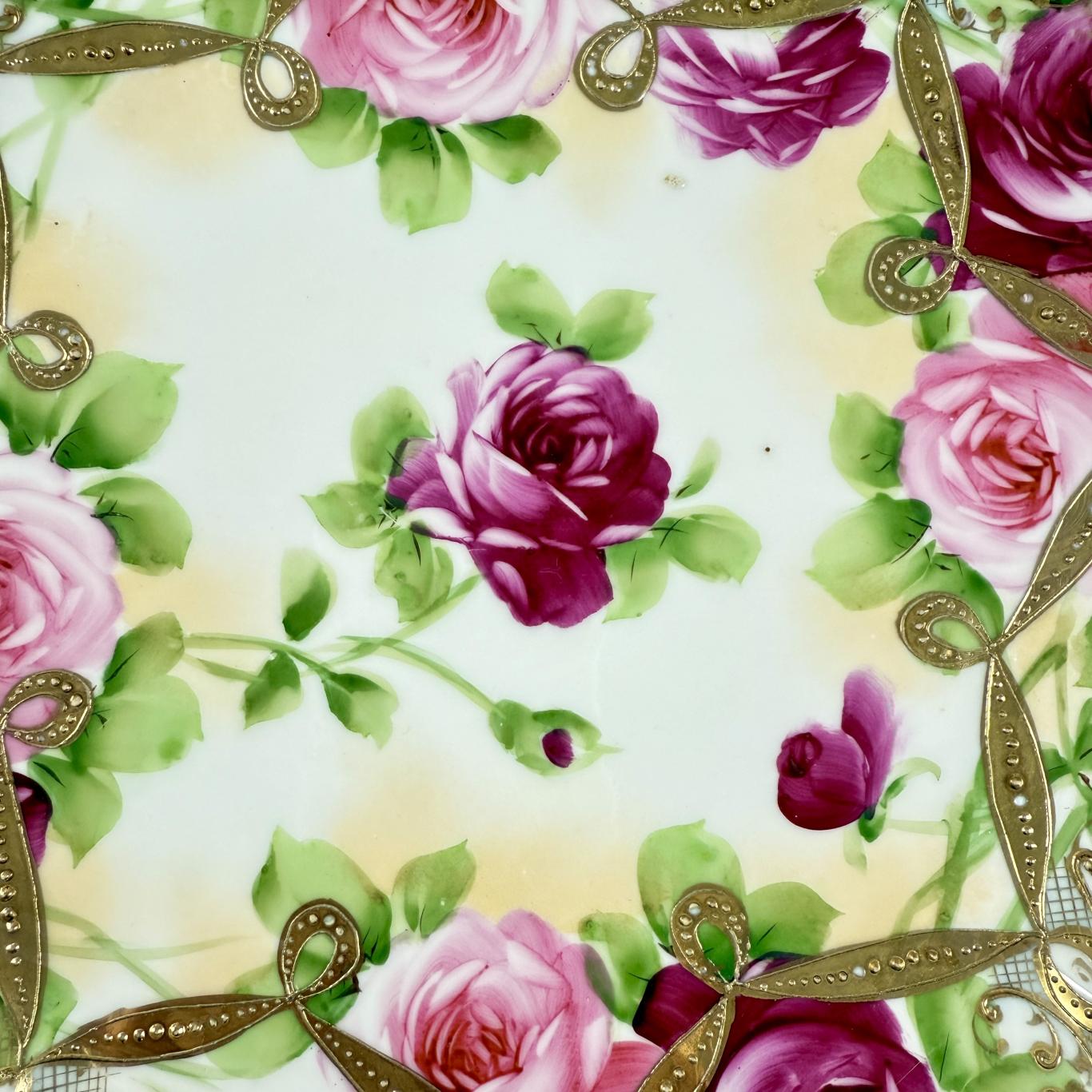 Nippon, Hand-Painted Porcelain Rose Moriage Large Plate – Black