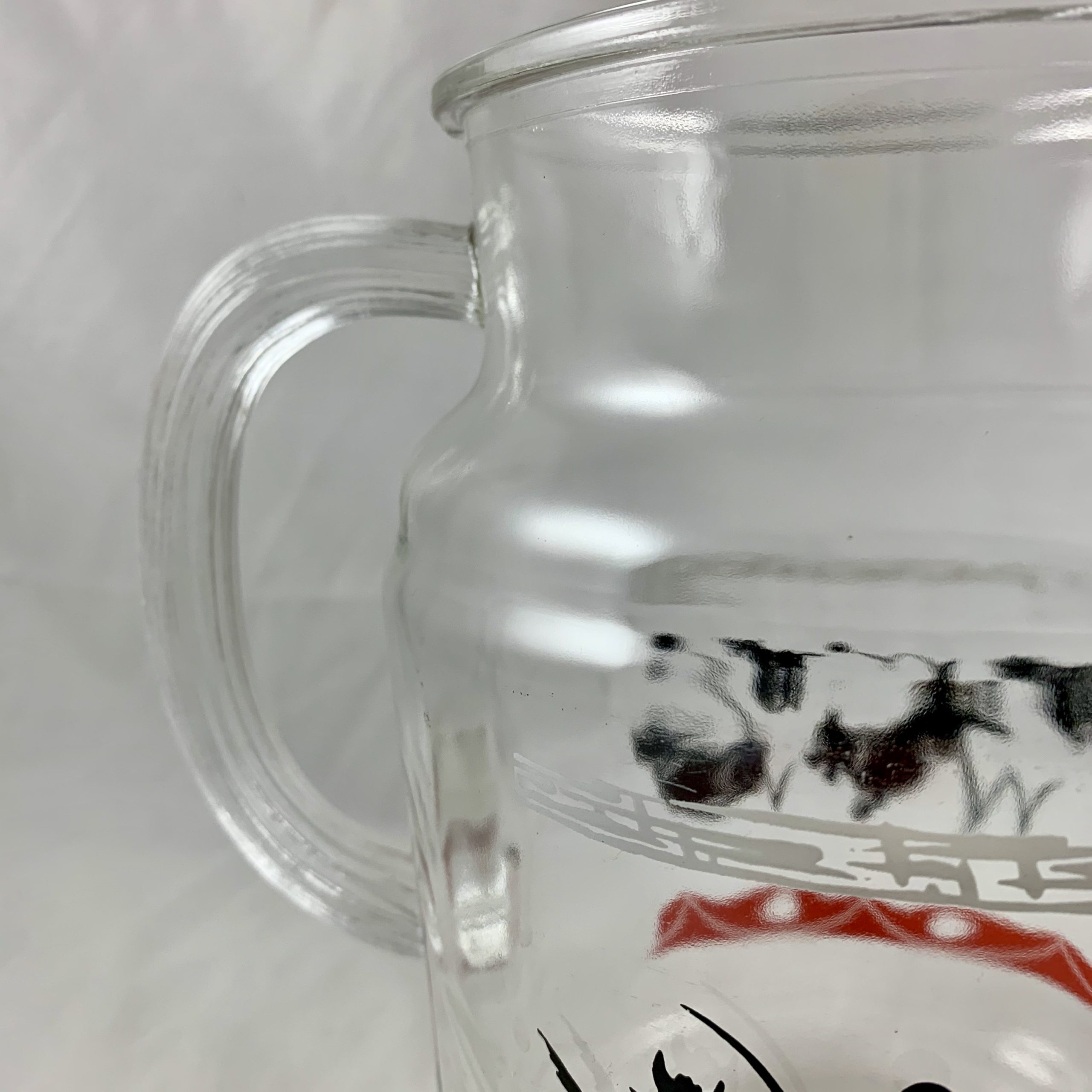 1940s Scottie Dog Clear Glass Pitcher, Red & Black Scottie Dogs and Stars,  Ice Lip Spout, Heavy Clear Glass, Vintage Serving Pitcher, MCM 
