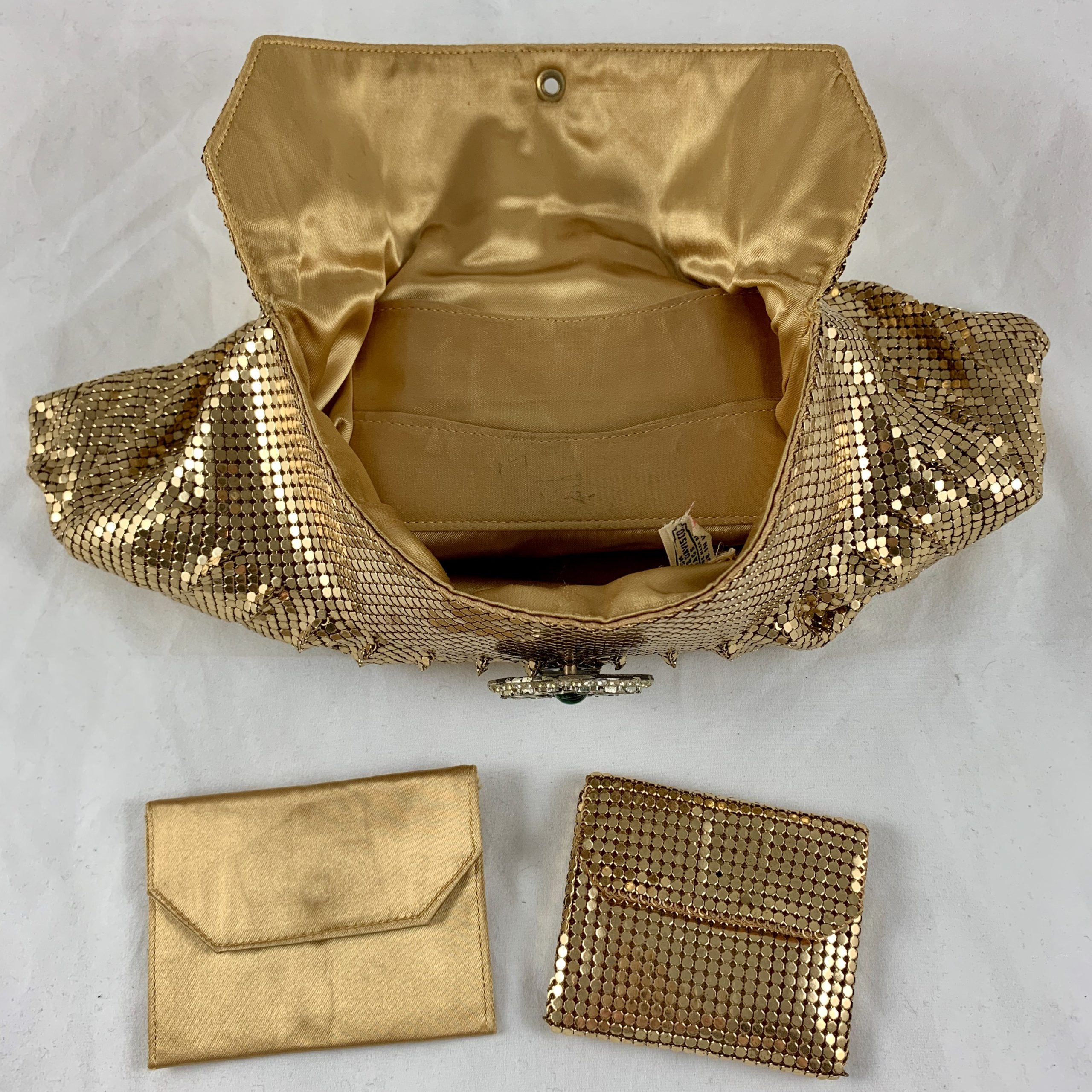 1950s Whiting and Davis Gold Mesh Jewel Closure Evening Clutch with Coin Purse