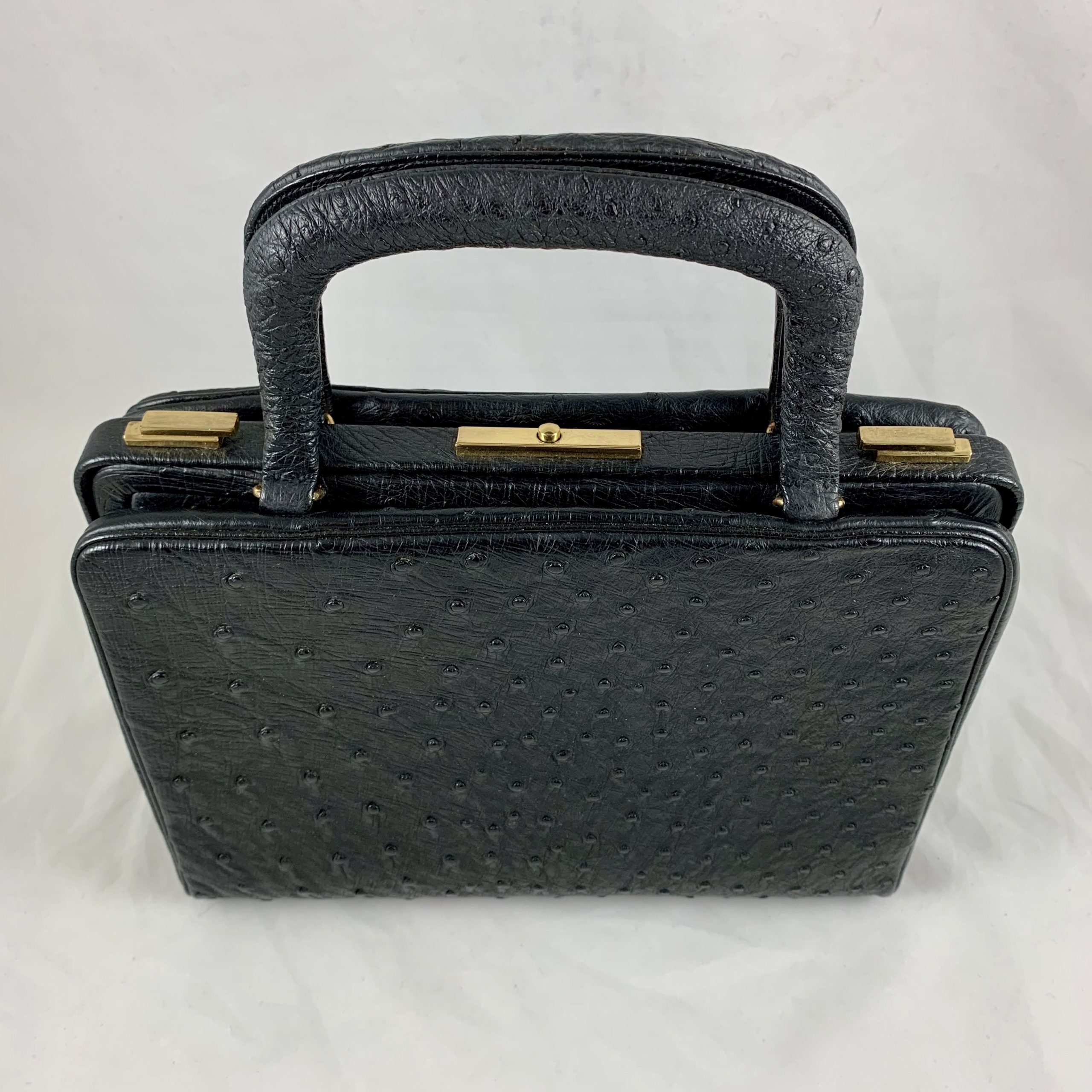 Cream Ostrich Leather Frame Gold Hardware Handbag, 1960s