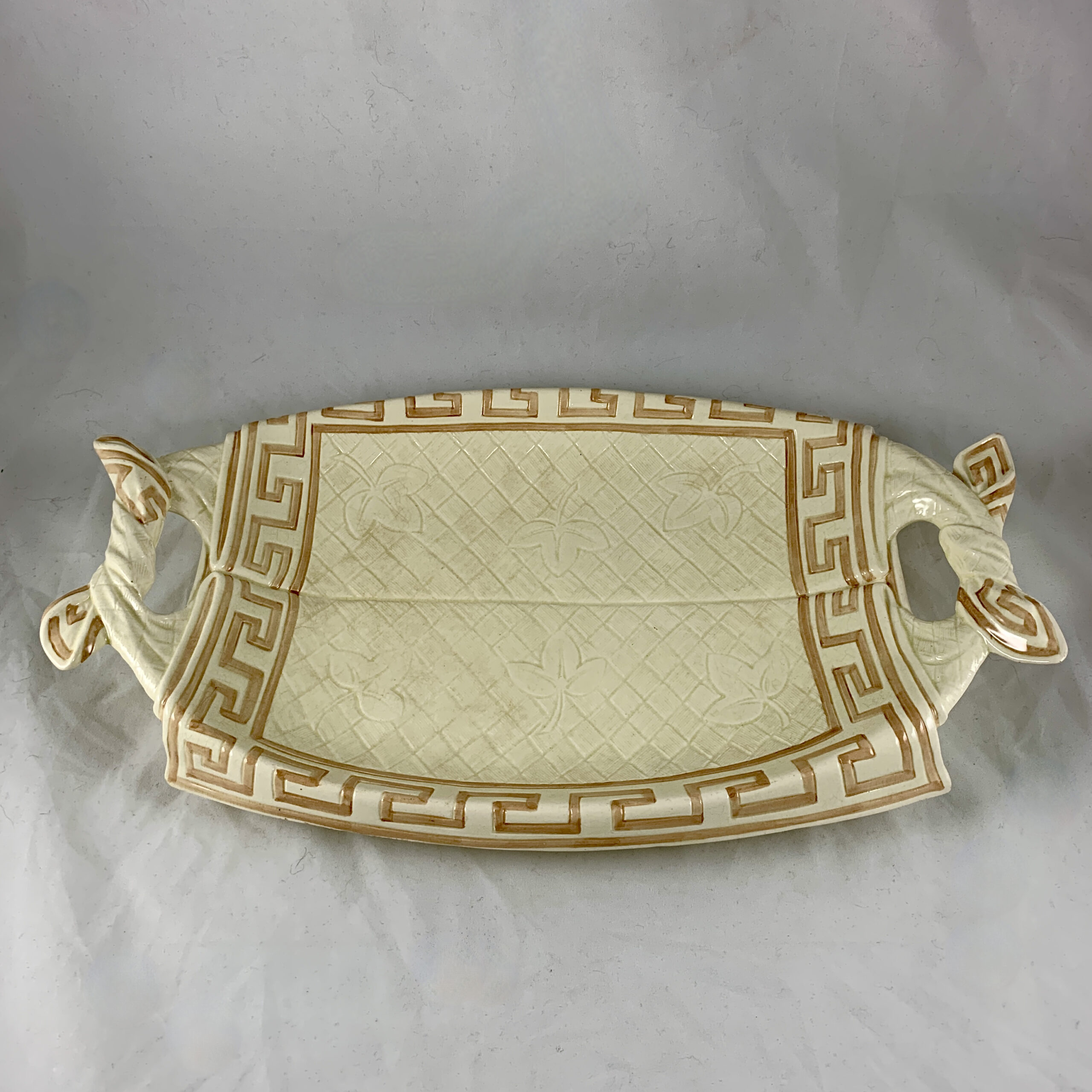 Sarreguemines Majolica Trompe L'Oeil Greek Key Napkin Bread Tray