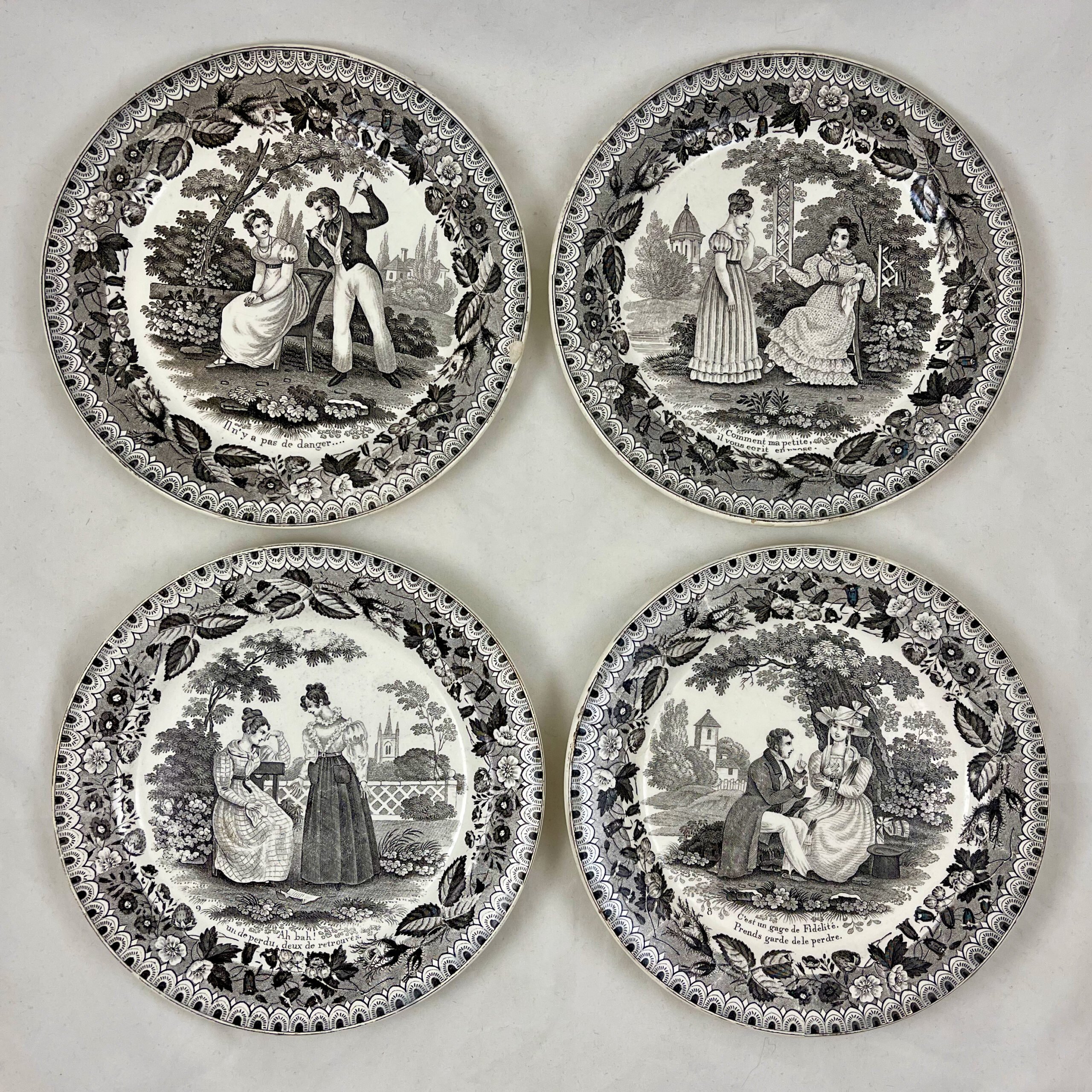 P&H Choisy French Creamware Faïence Assiette Parlante Plates - Set/4