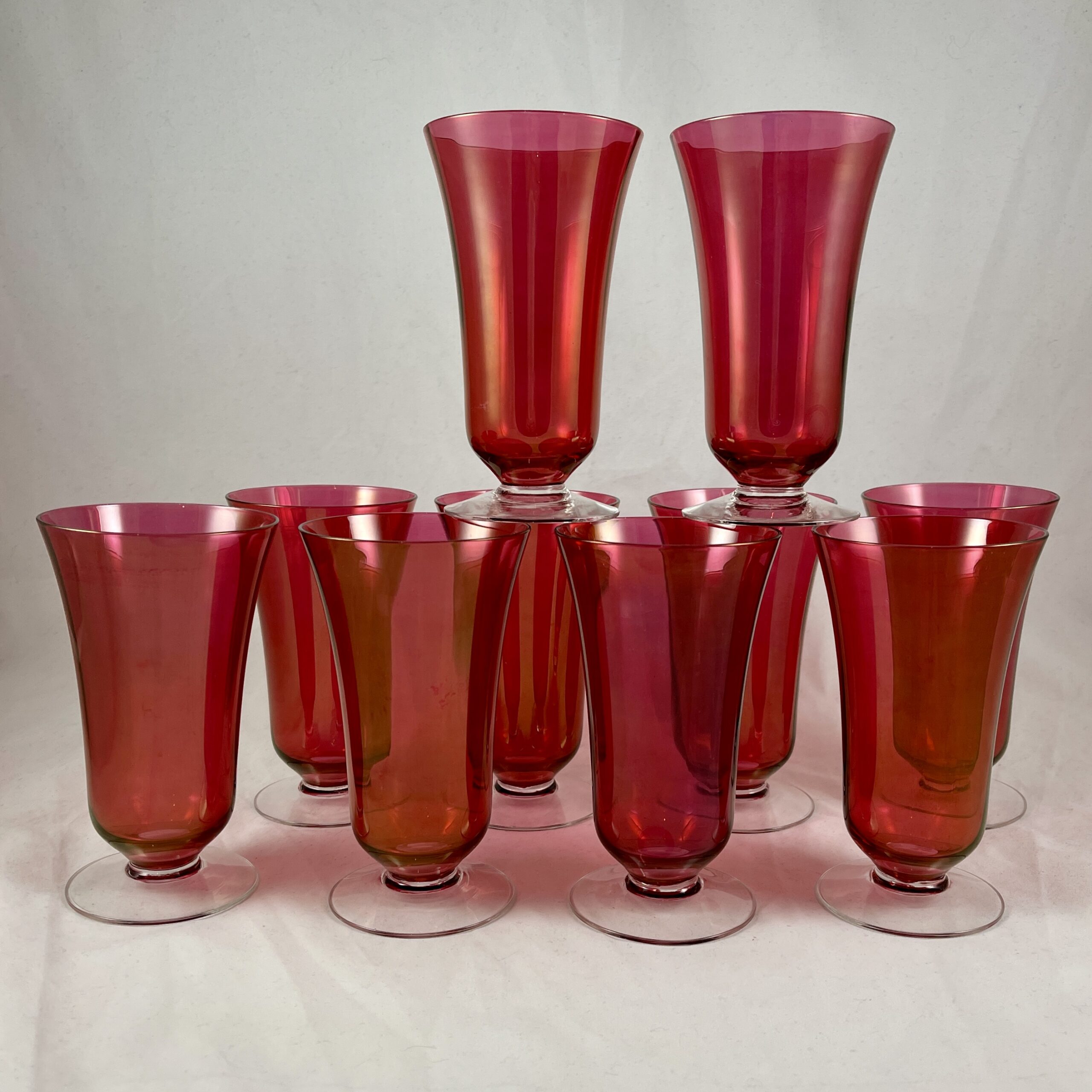 1930s Cranberry Glass Footed Ice Tea Glasses, S/10