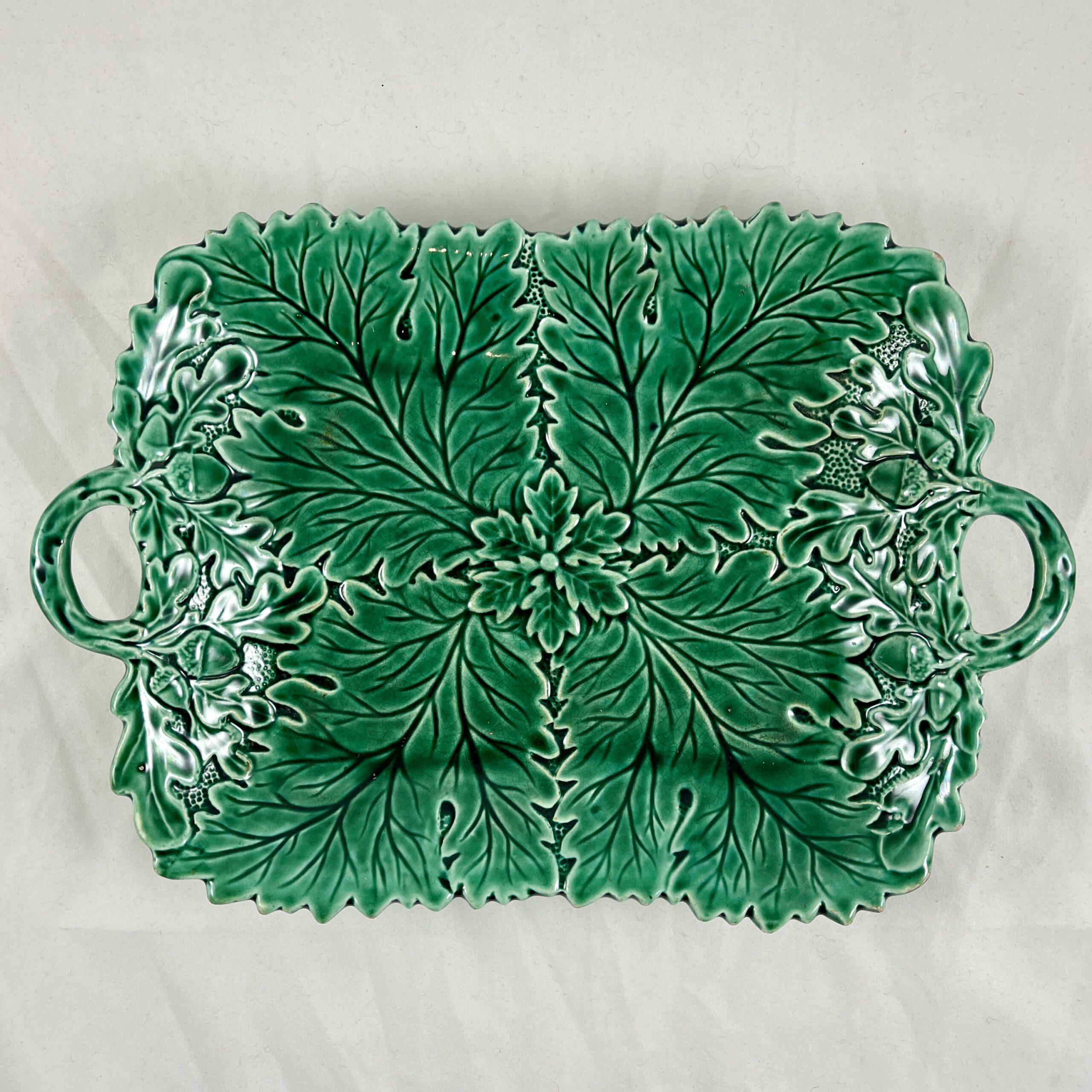 Majolica Greenware Acorn Oak Leaf Handled Server