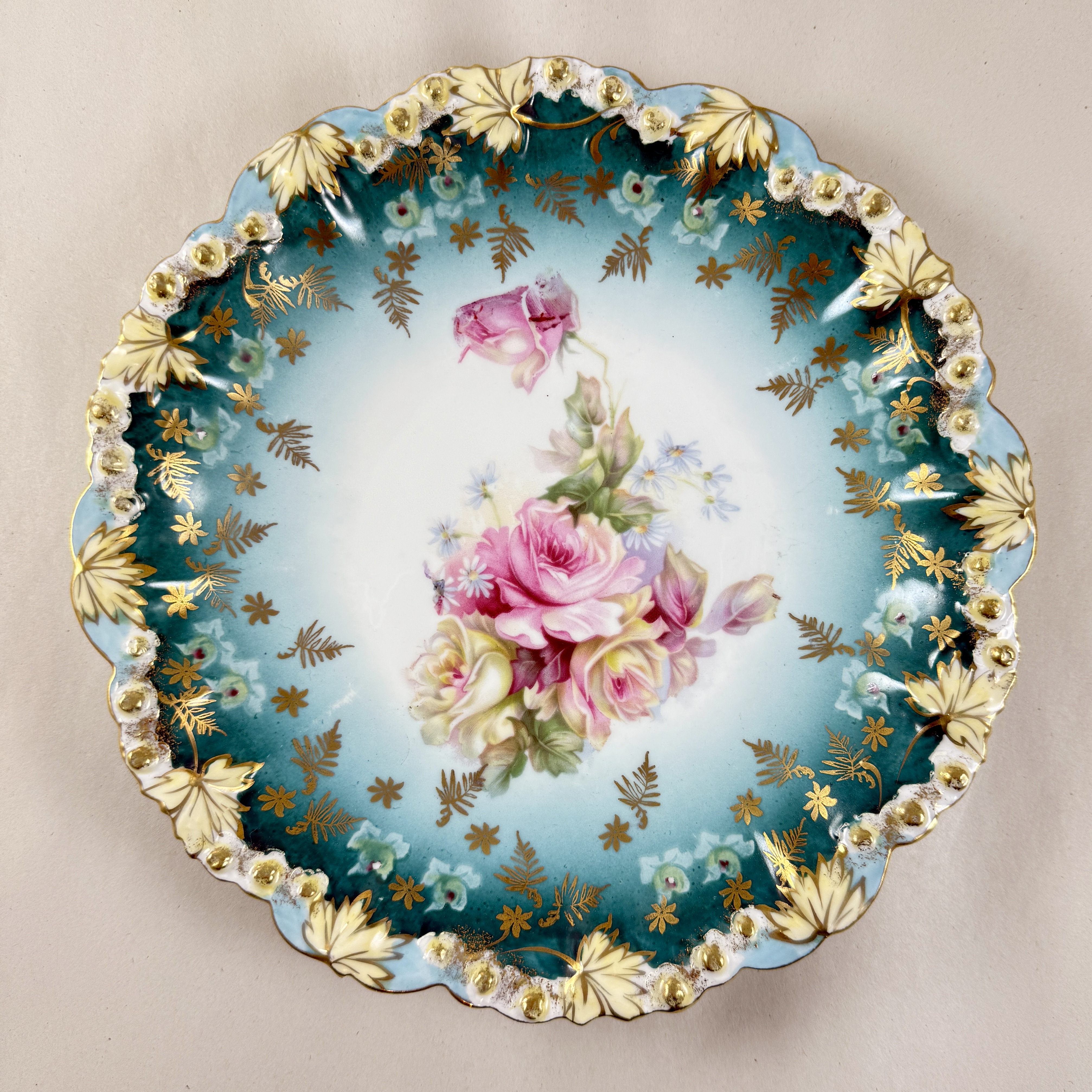 1900s Bohemia Porcelain Teal Blue Gilded Rose Plate