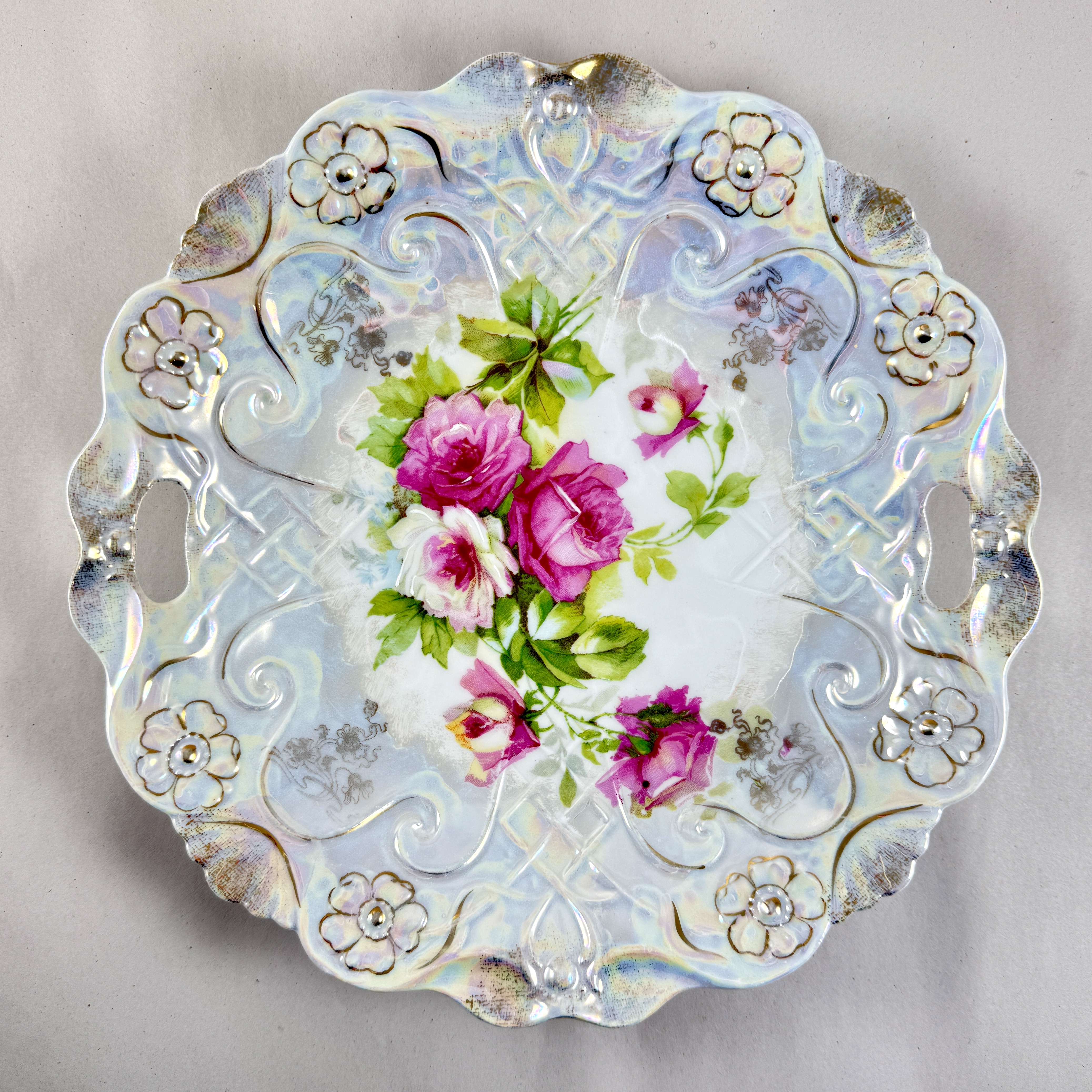 TL Lehmann Bavarian Iridescent Handled Rose Bowl