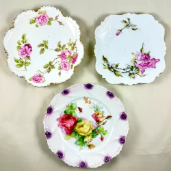 Romantic German Porcelain Rose Vida-Poche Plates, Set of 3