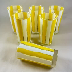 Mid-Century Modern Yellow & White Striped Highball Glasses, Set of Six