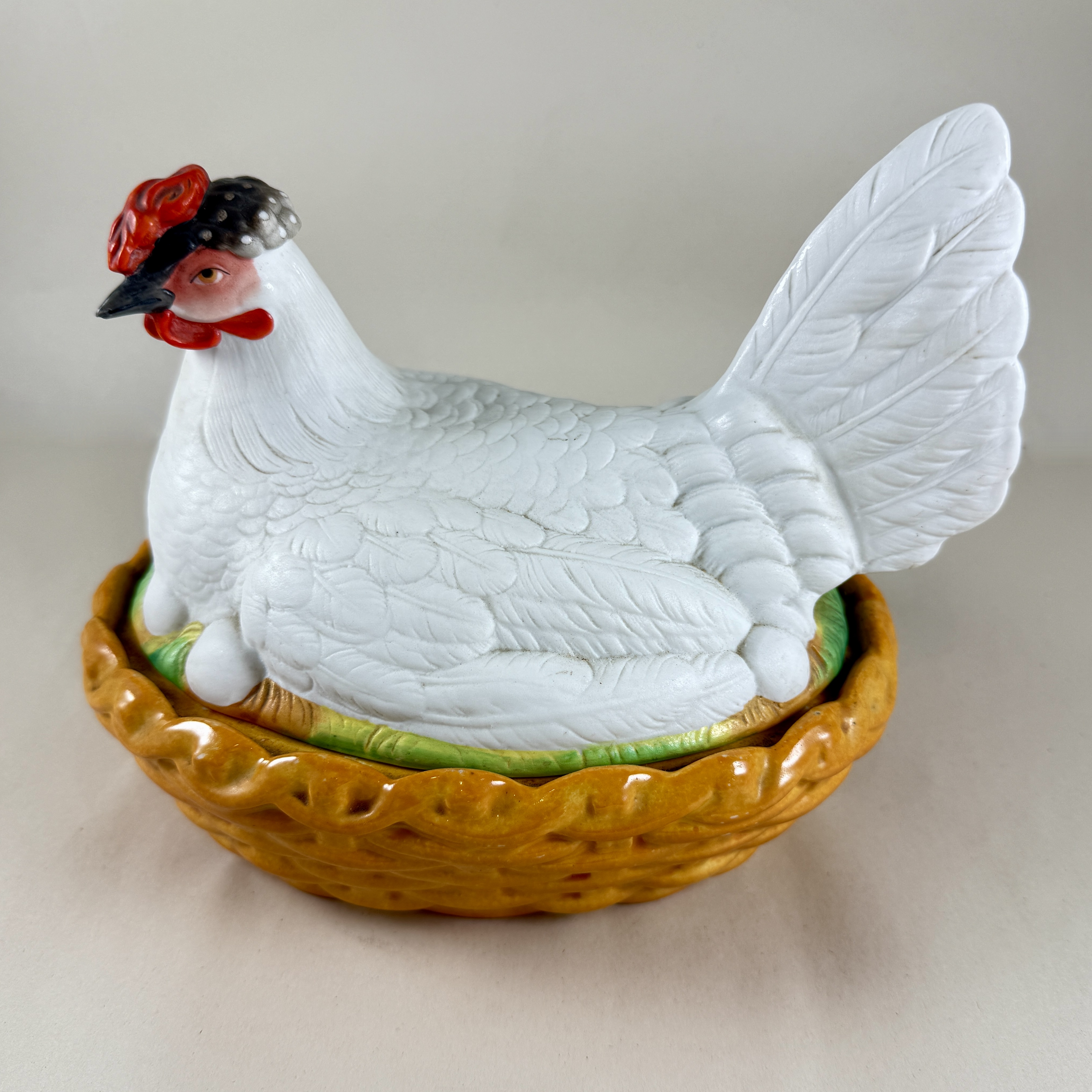 Staffordshire Hand-Painted Bisque Hen on Nest of Eggs Tureen