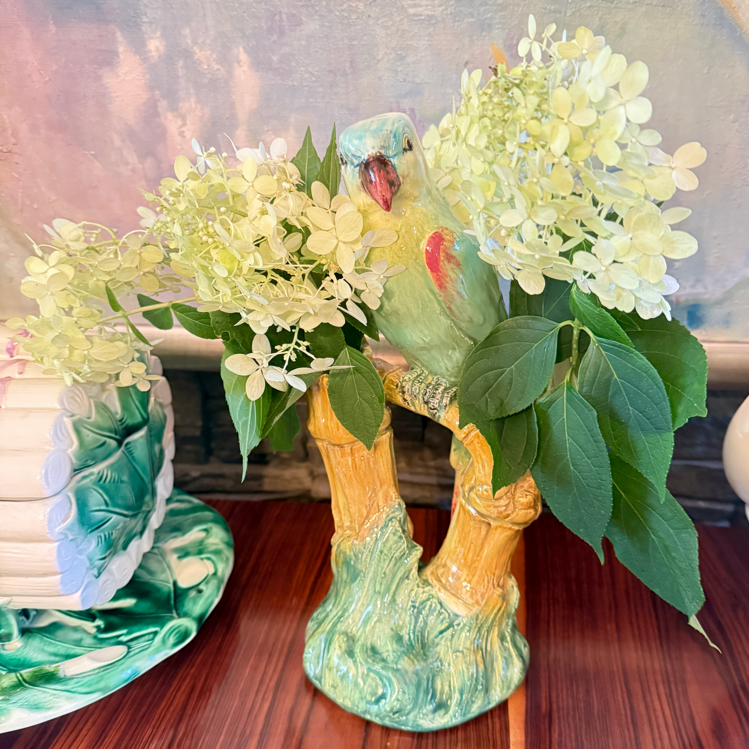 French Delphin Massier Parrot on Bamboo Double Vase, Signed