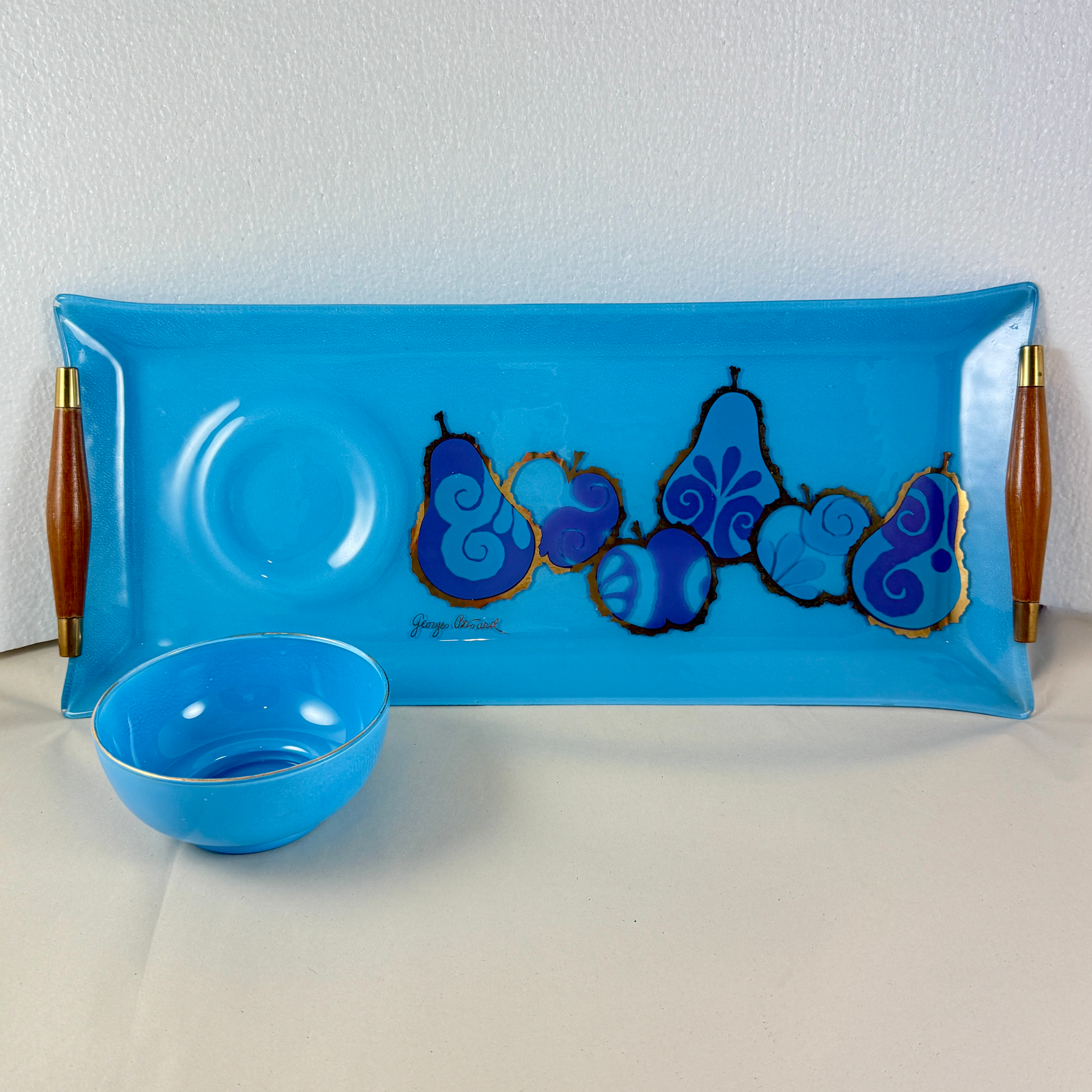 Georges Briard Peacock Blue Pageant Fruit Glass Tray & Dip Bowl
