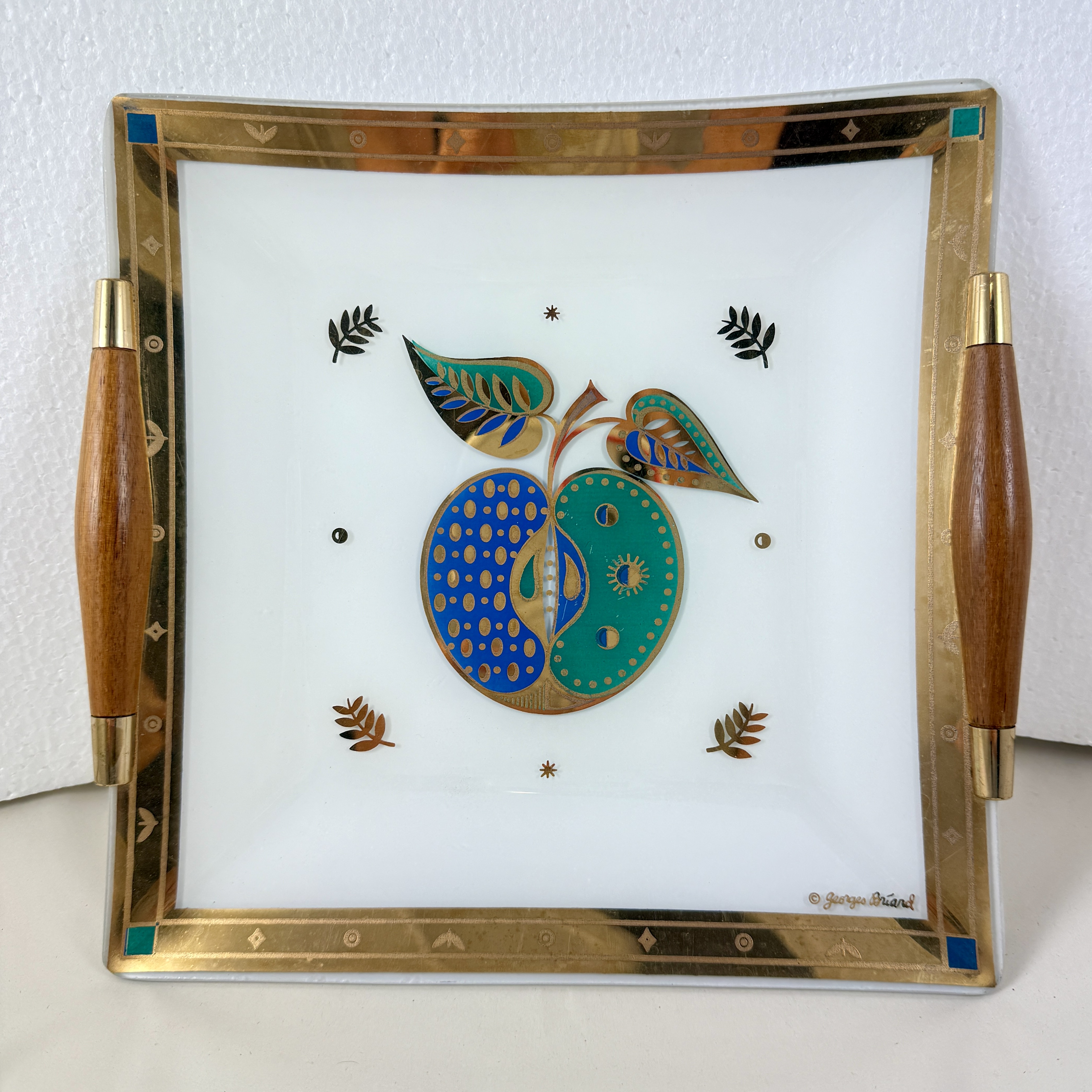 Forbidden Fruit Glass & Wood Tray, Briard, 1960s