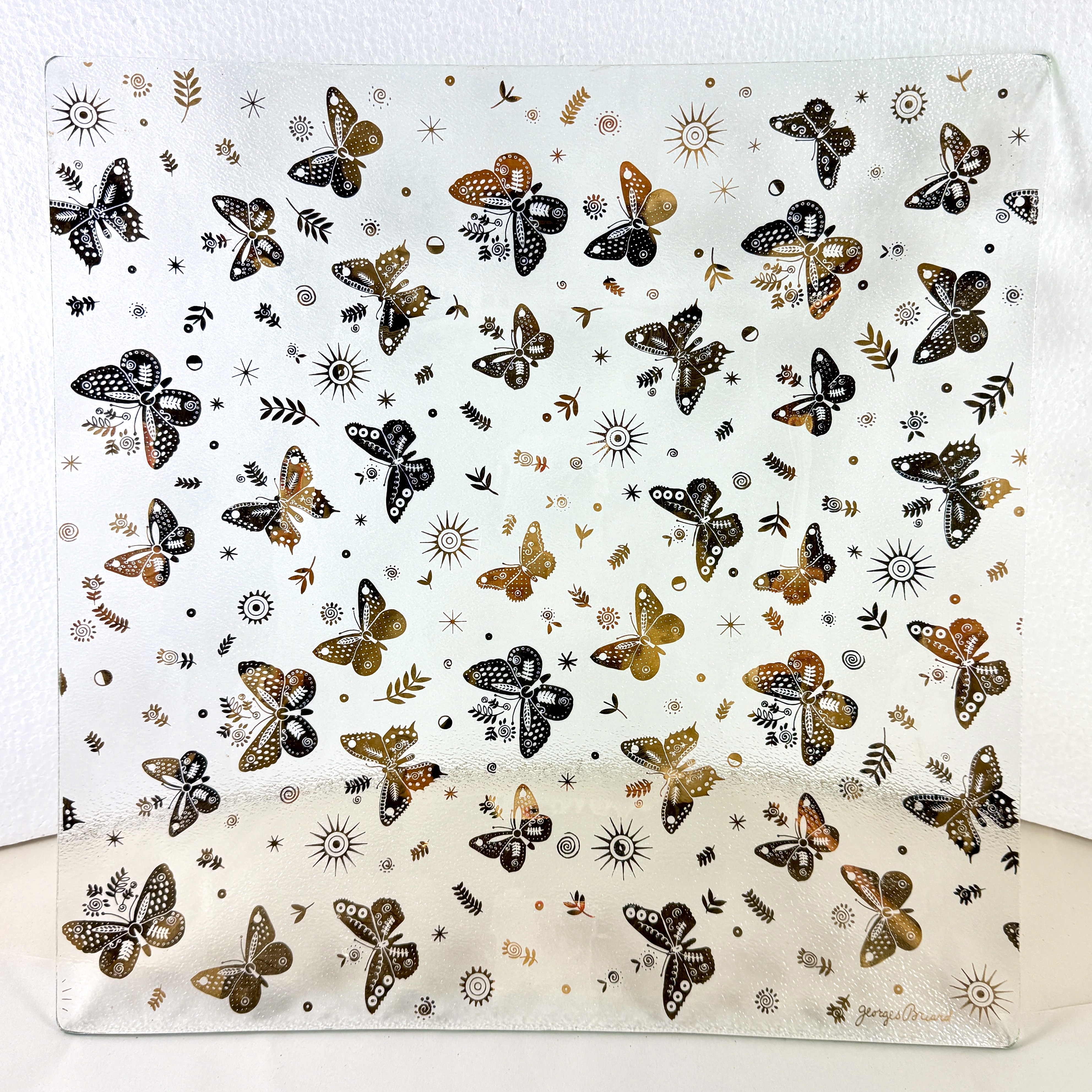 Large Briard Bent Glass Gold Butterfly Square Platter