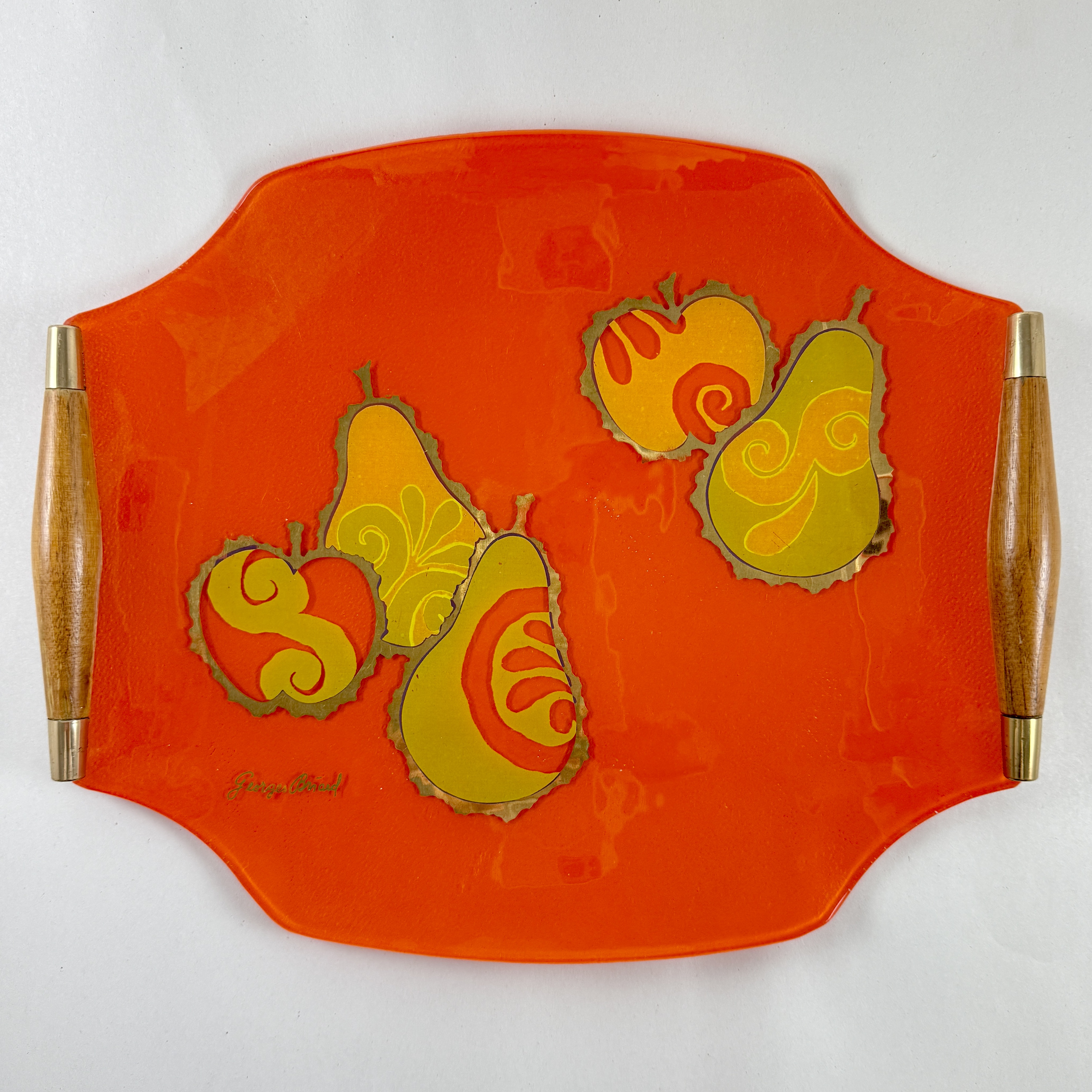Briard Mandarin Orange Pageant Fruit Glass & Wood Tray, 1964