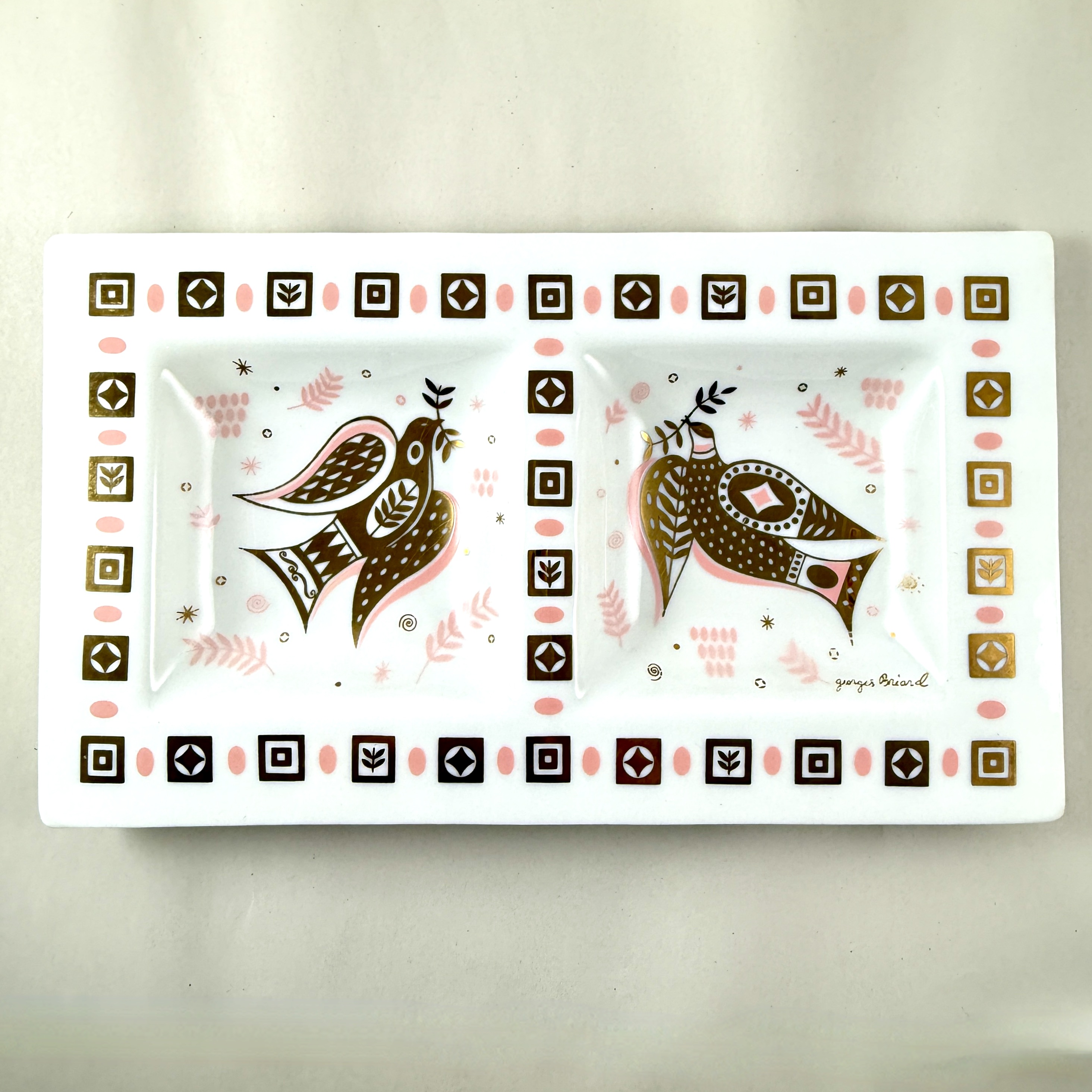 White Opal Glass Peace Dove Double Server, Briard, 1960s