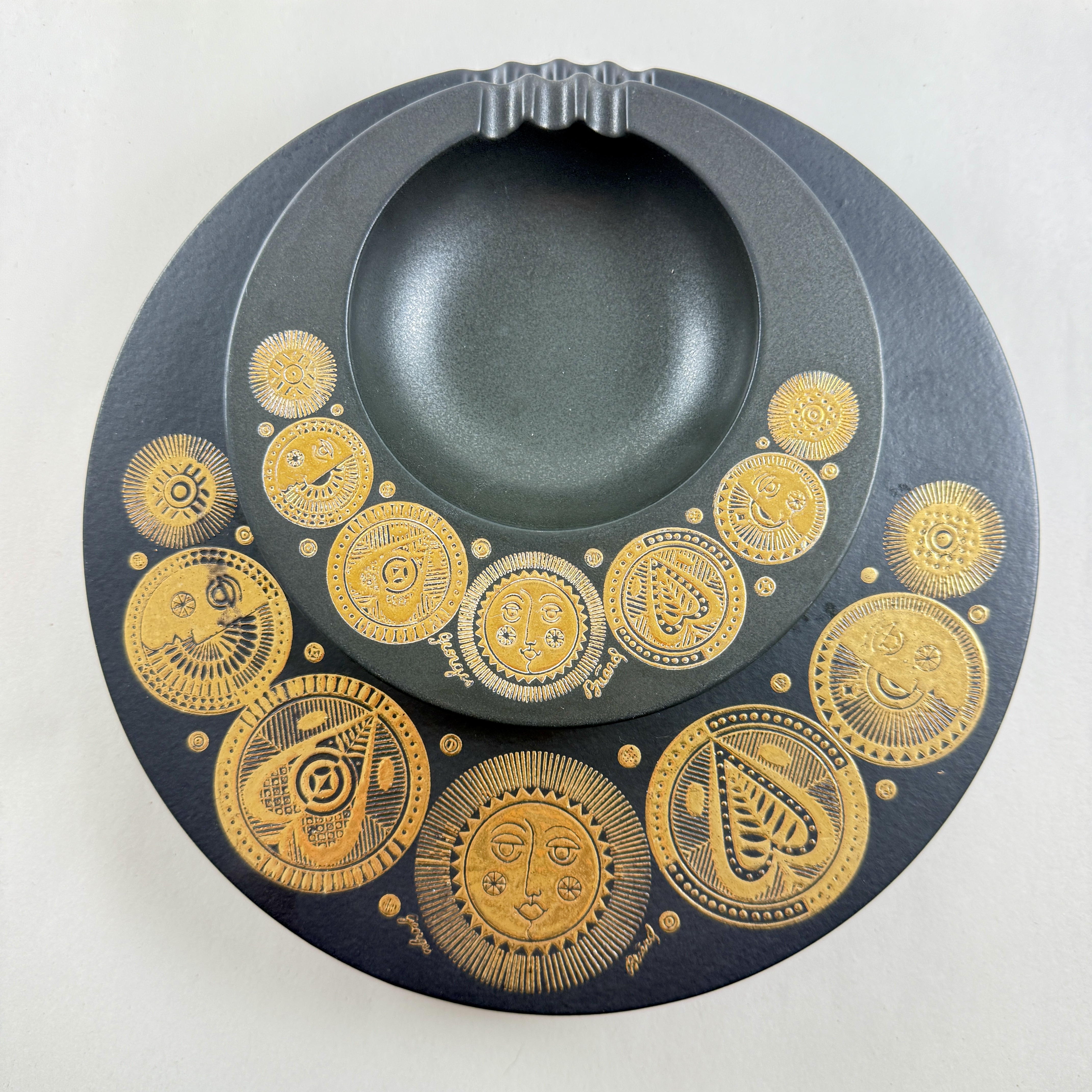 hyalyn Porcelain Briard Black & Gold Celestial Ashtrays, Set/2 - 1960s