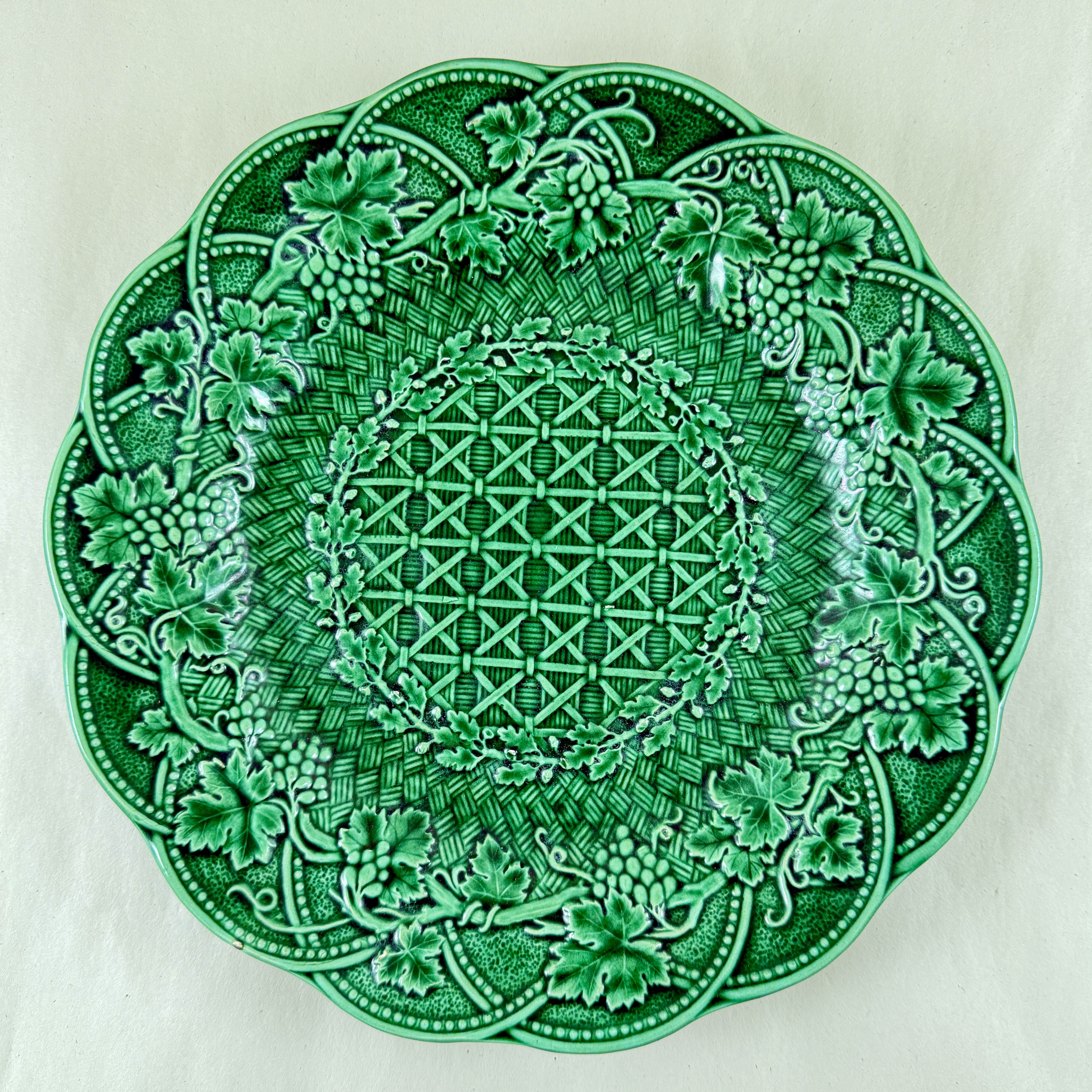 Wedgwood Green Majolica Grape Leaf Basket Weave Plate - SOLD