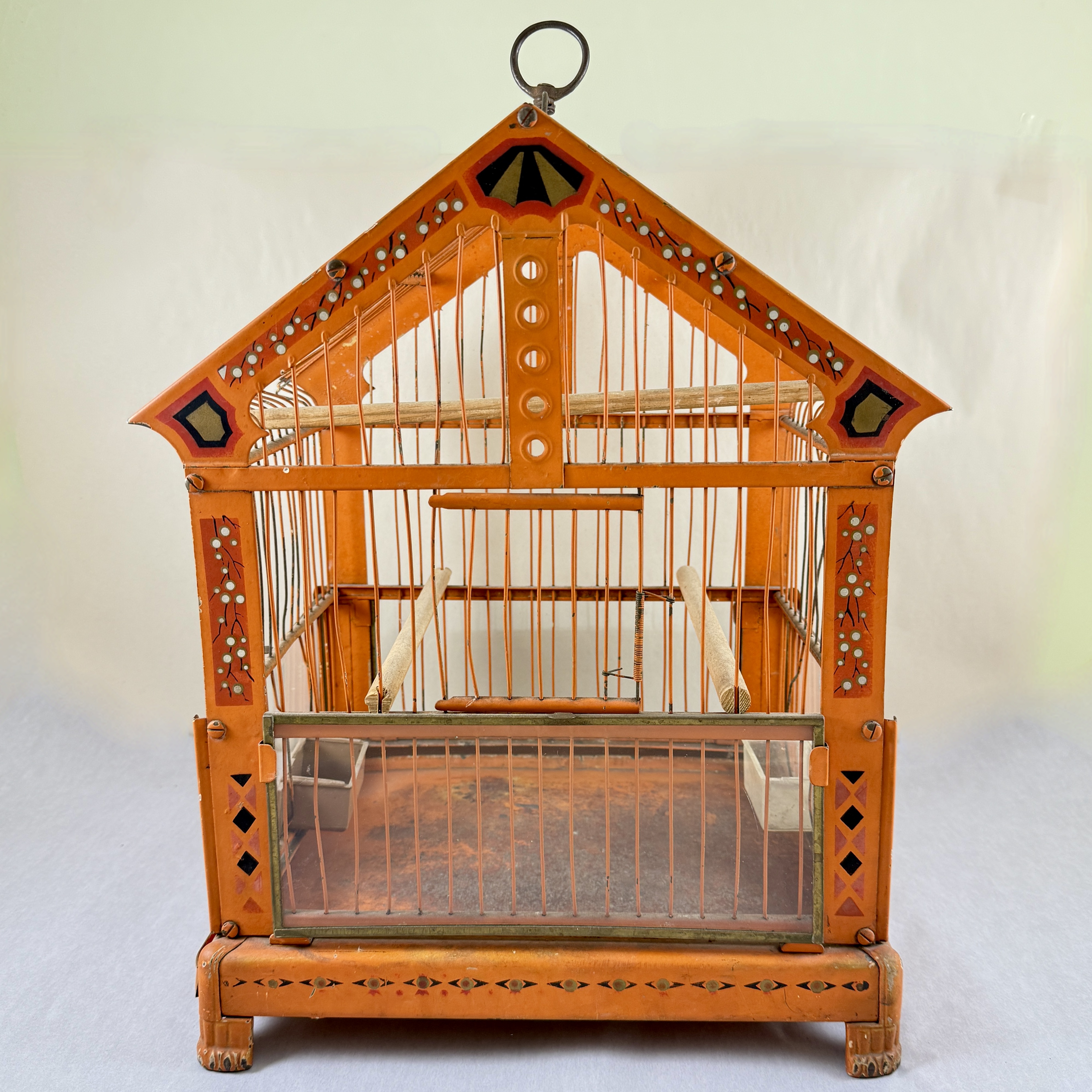 American Orange Japanned Metal Bird Cage, circa early 1900s