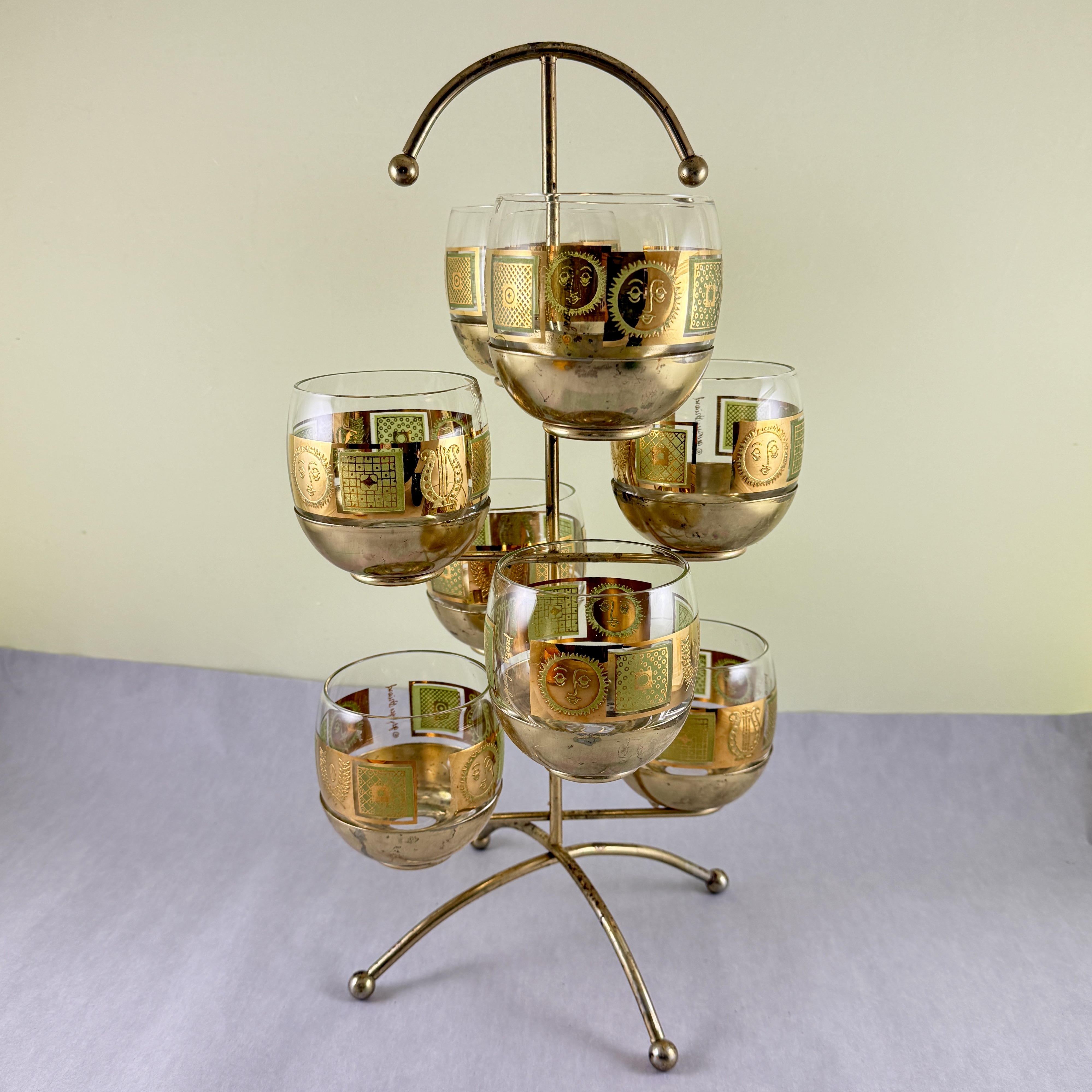 Golden Celeste Roly Poly Glasses in Stand, Briard, S/8