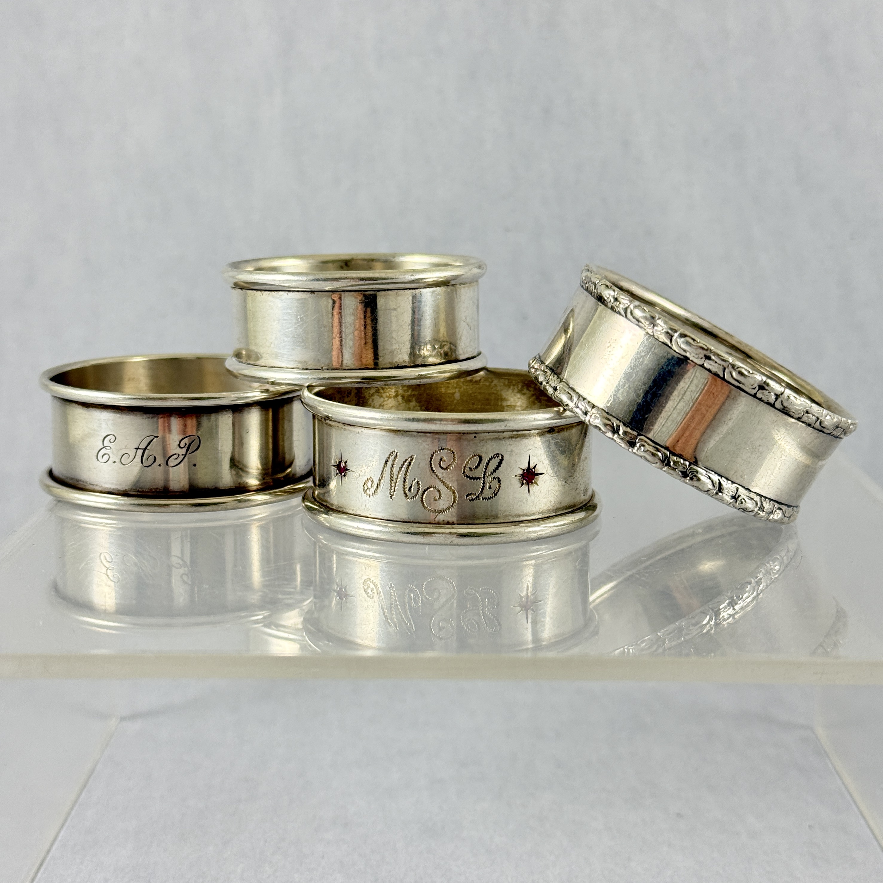 Estate Sterling Silver Napkin Rings, mixed set of four