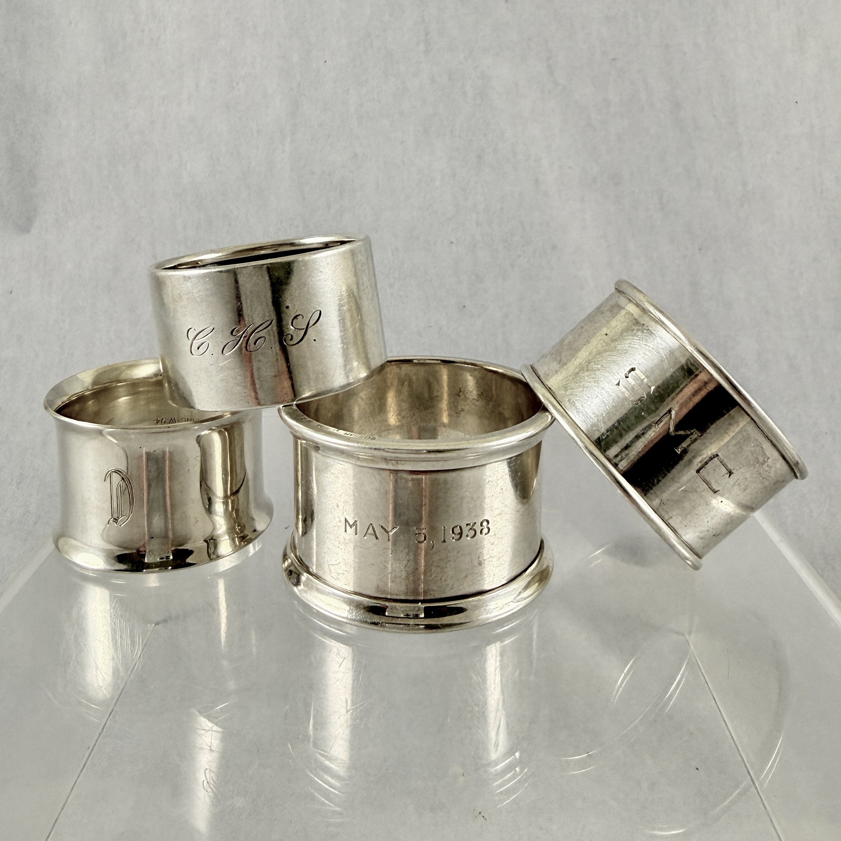 Estate Sterling Silver Napkin Rings, mixed set of four