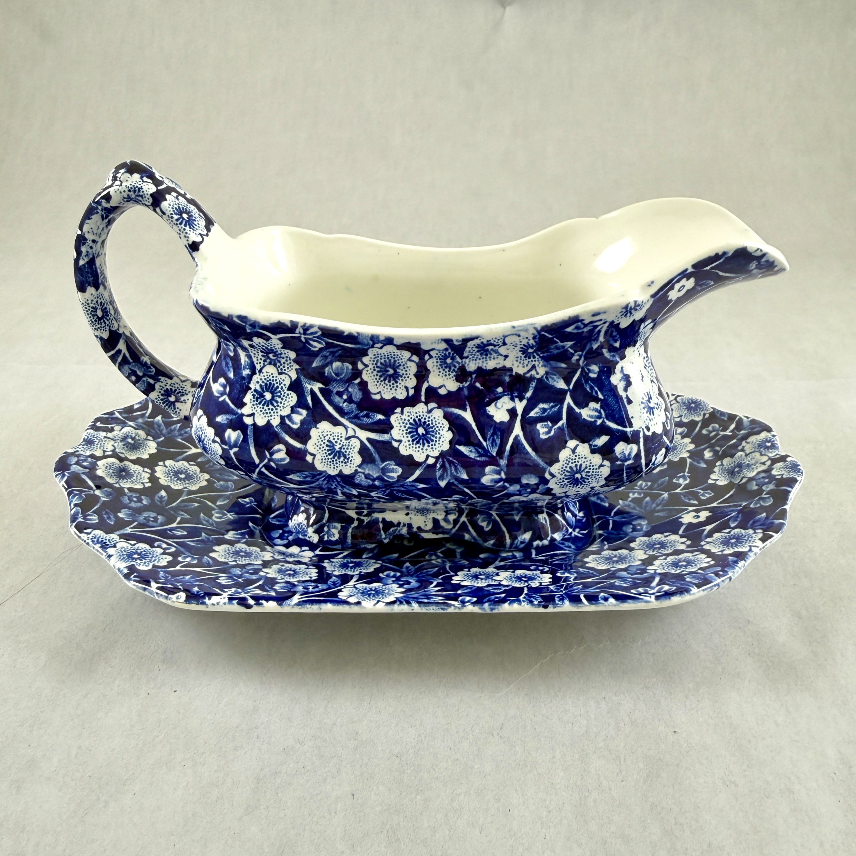Crownford China Blue Calico Gravy Boat & Underplate