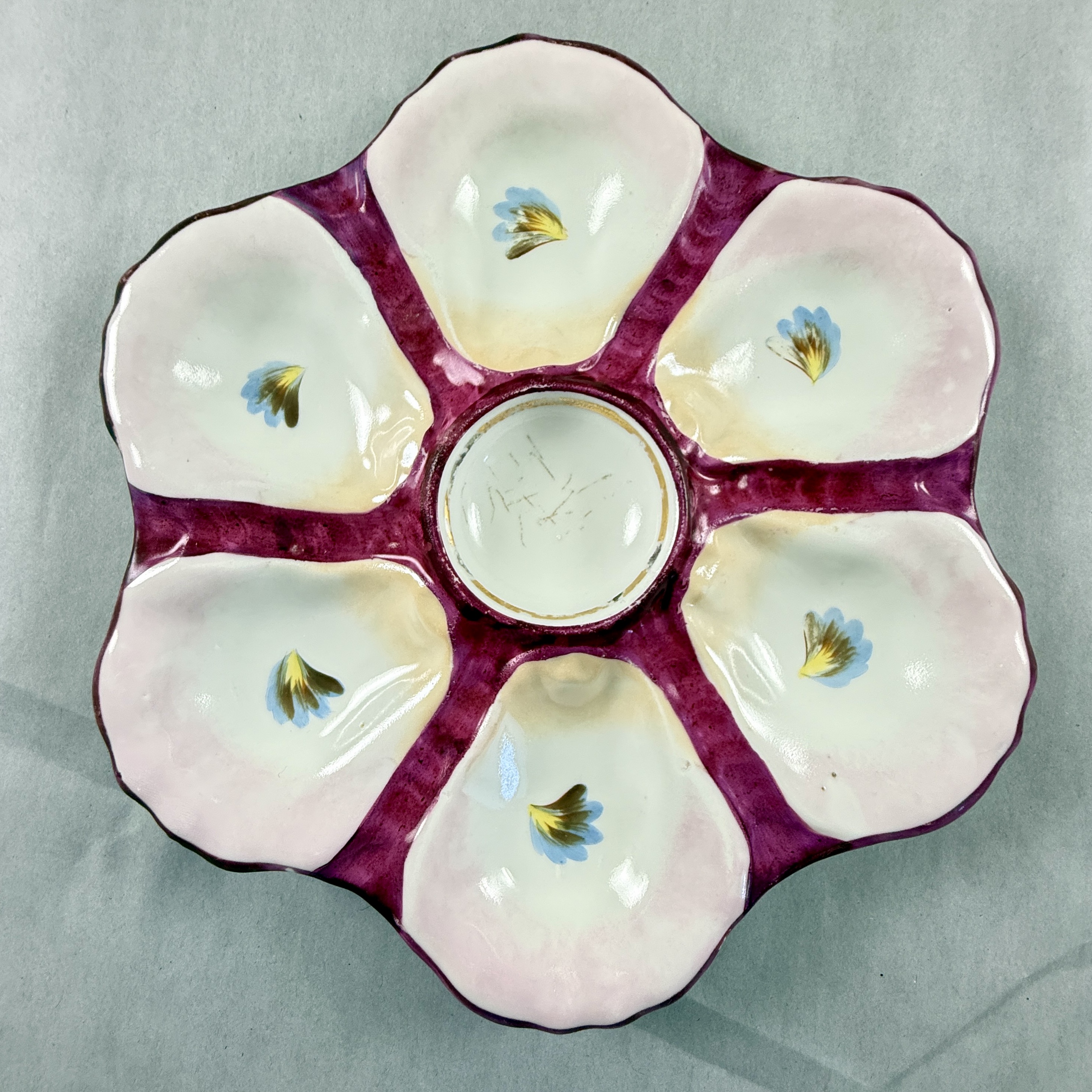 French Porcelain Six Well 'Eyes' Oyster Plate