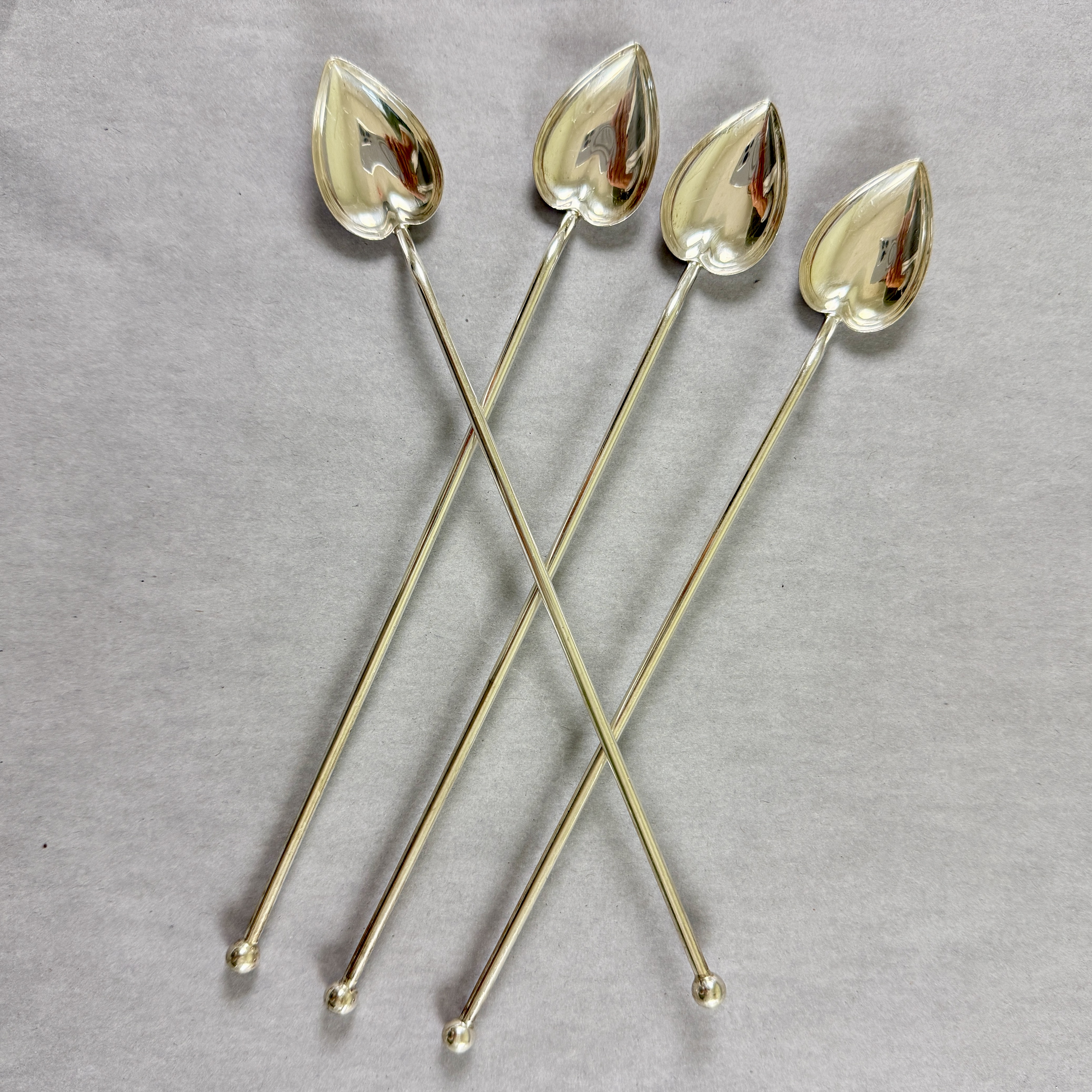 Sterling Silver Highball Heart Leaf Bowl Stirring Straws, Set / 4
