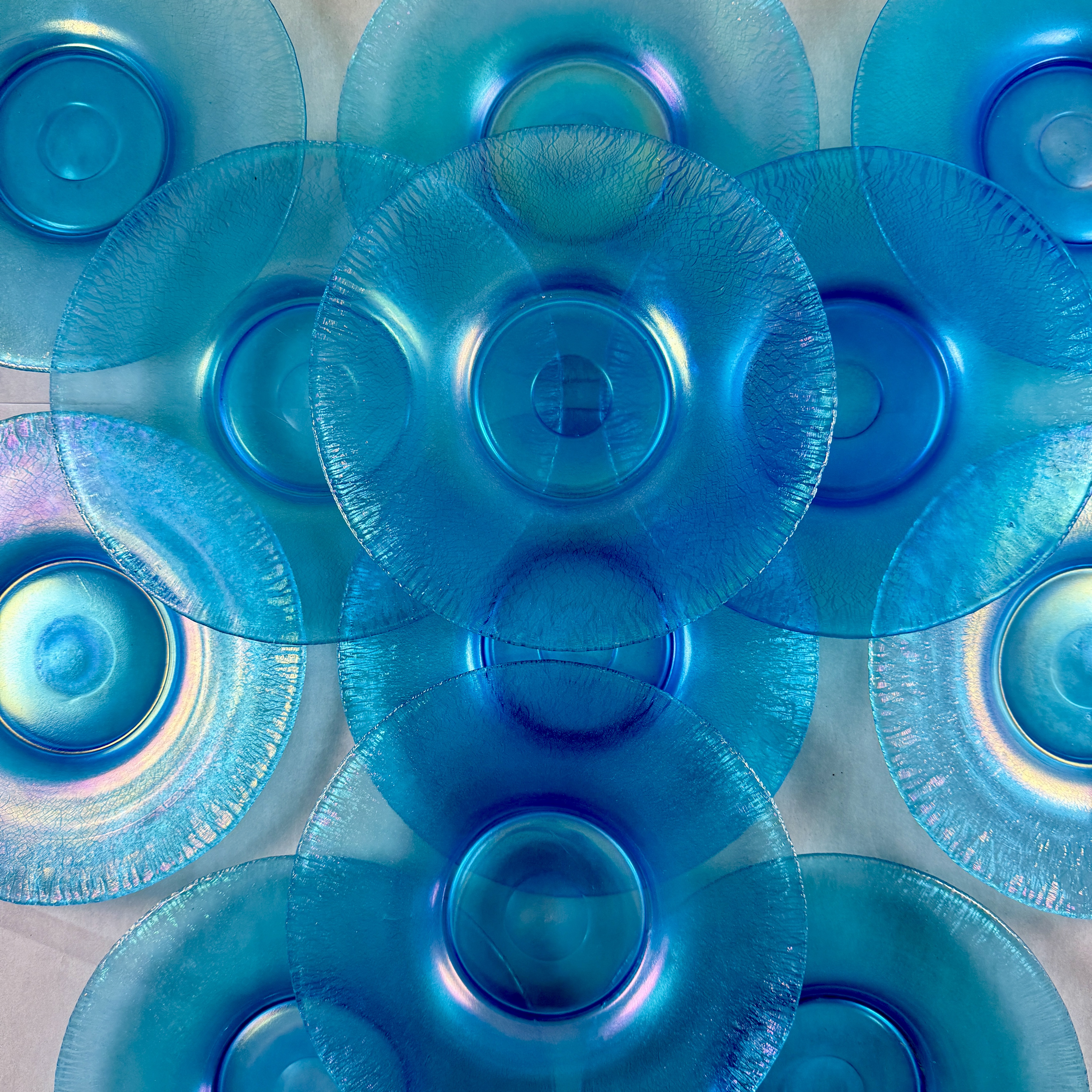 1920s Fenton Celeste Blue Stretch Glass Plates, Set of 12