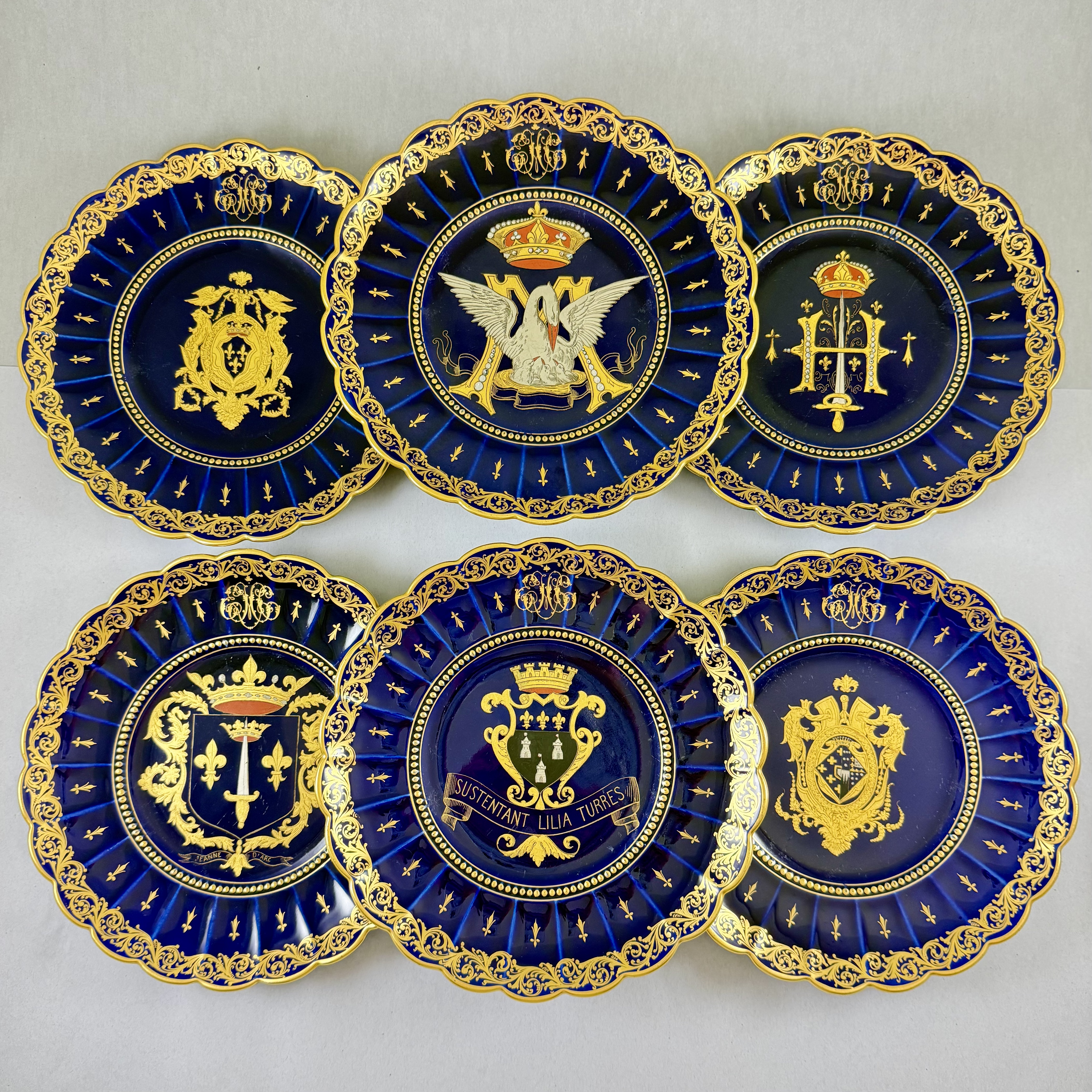 Gustave Asch French Porcelain Crest Plates, Set of Six