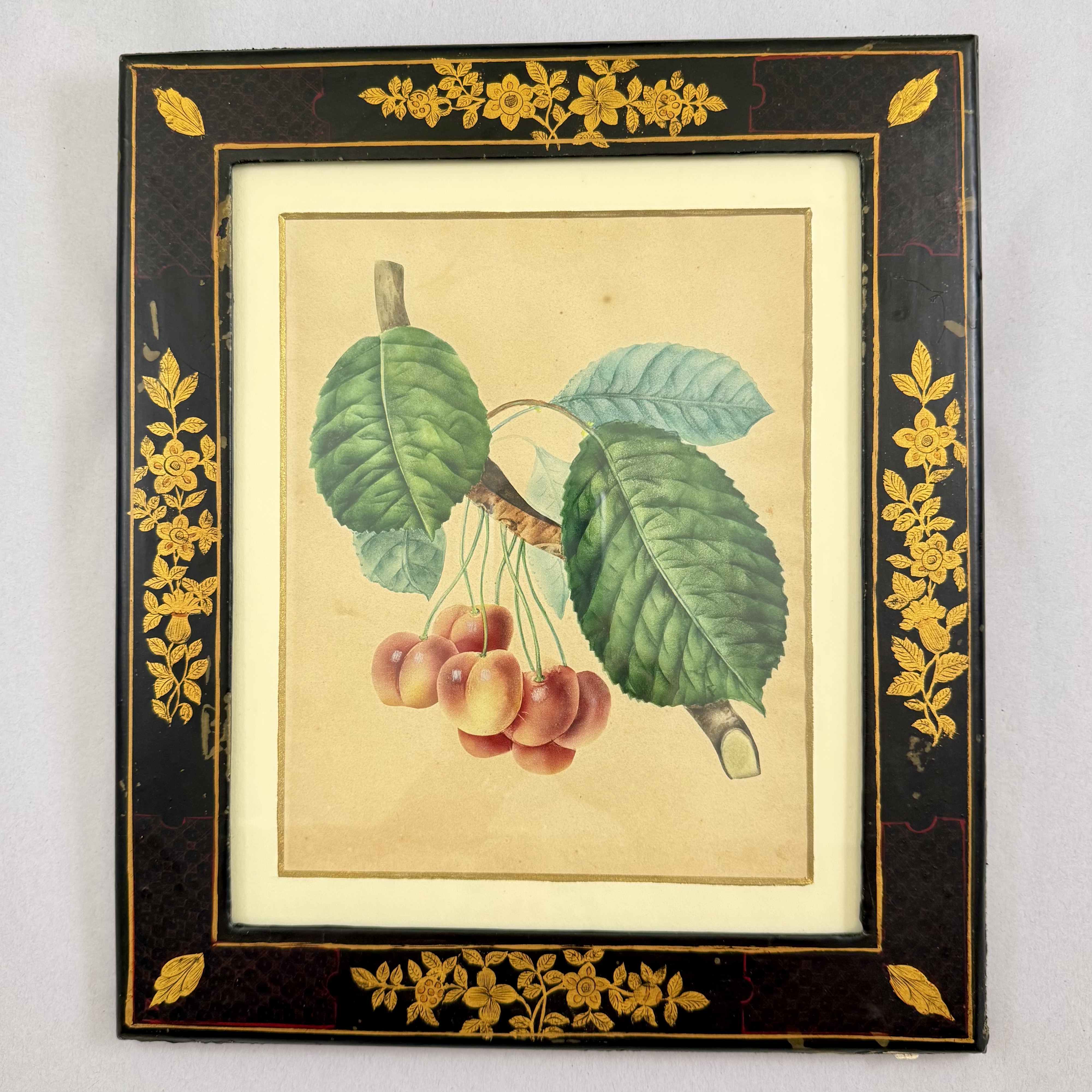 English Regency Period Watercolored Print in Hand Painted Lacquered Frame