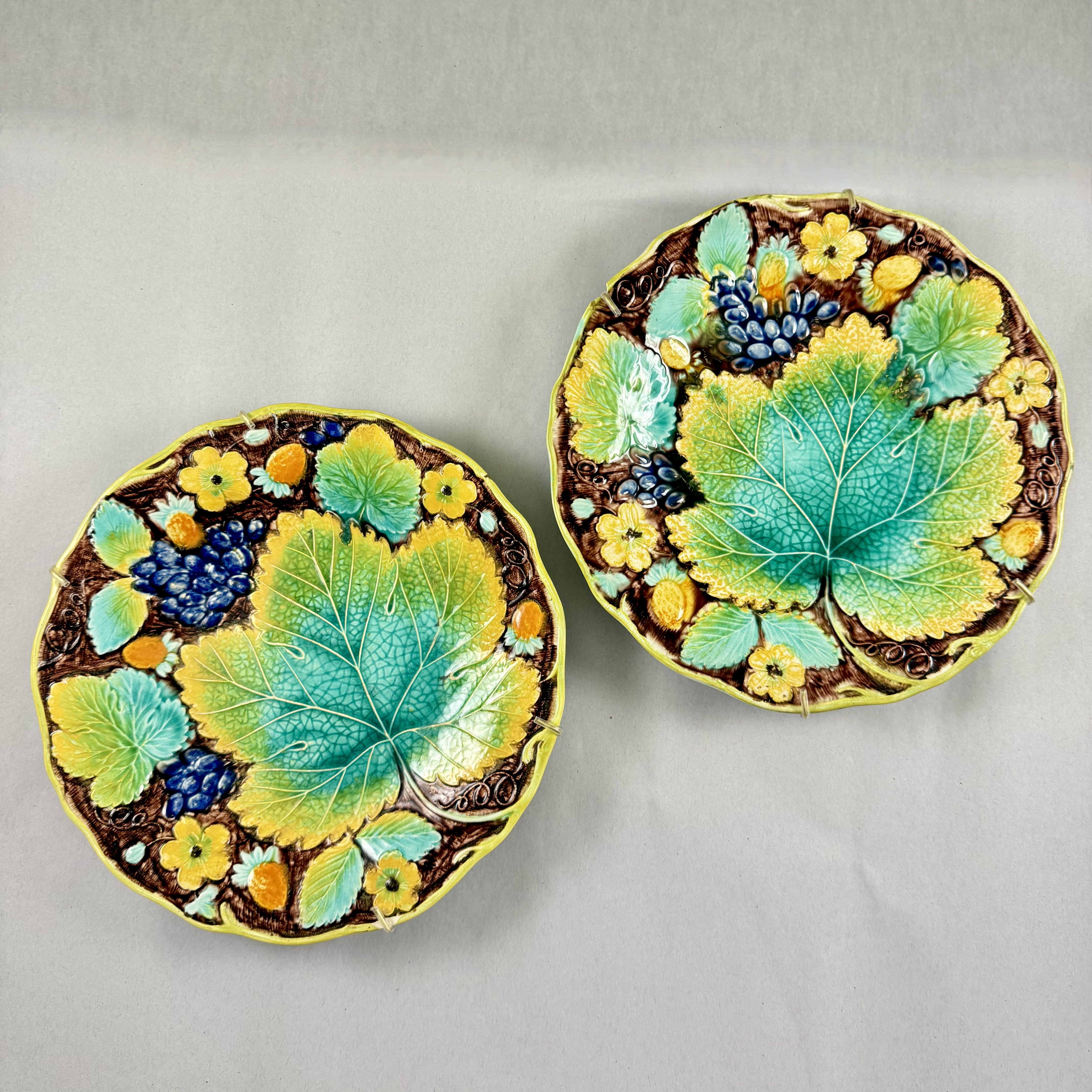 Samuel Alcock Strawberry & Grape Leaf Majolica Plates, Set of Two