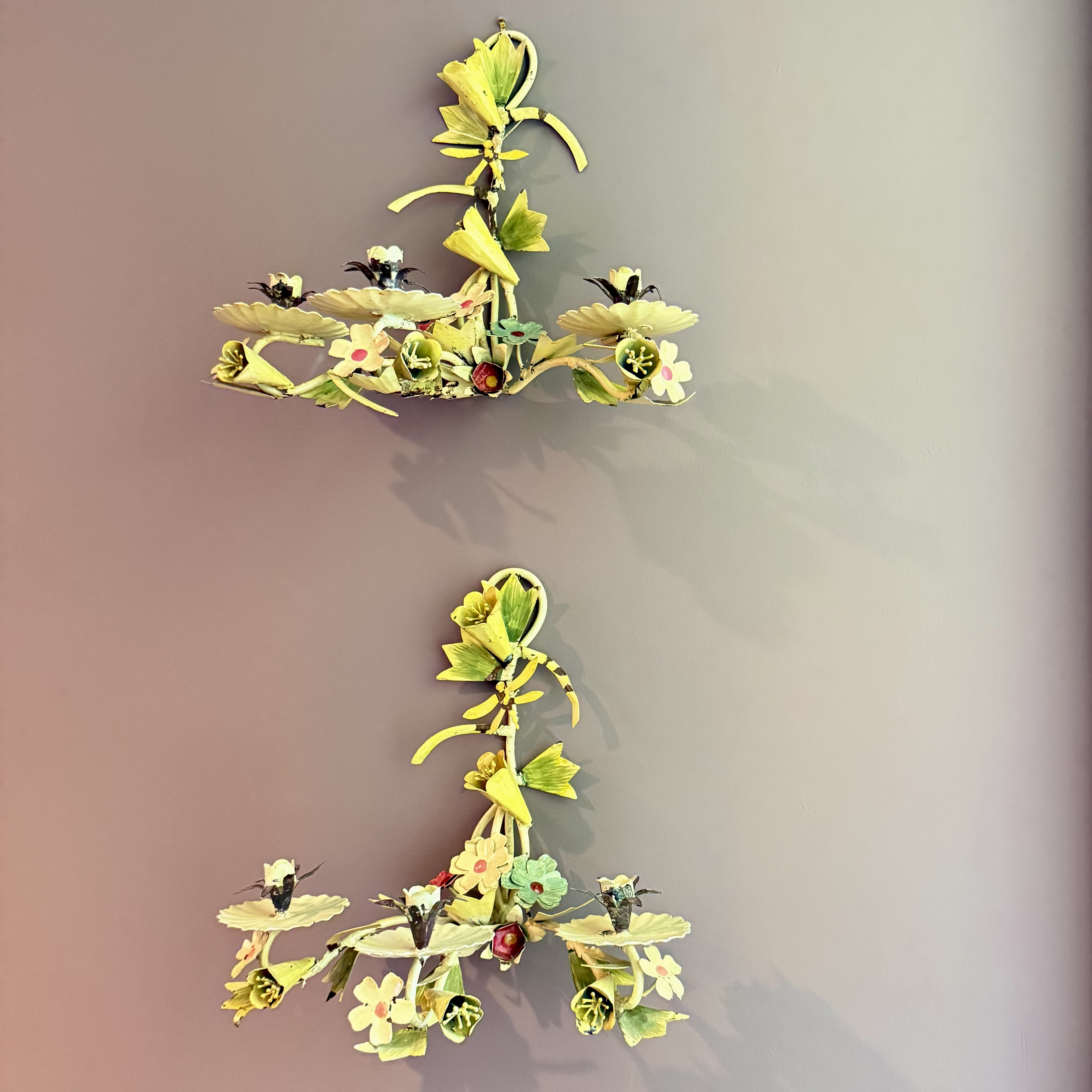Italian Floral Tôle Peinte Candle Sconces, a pair
