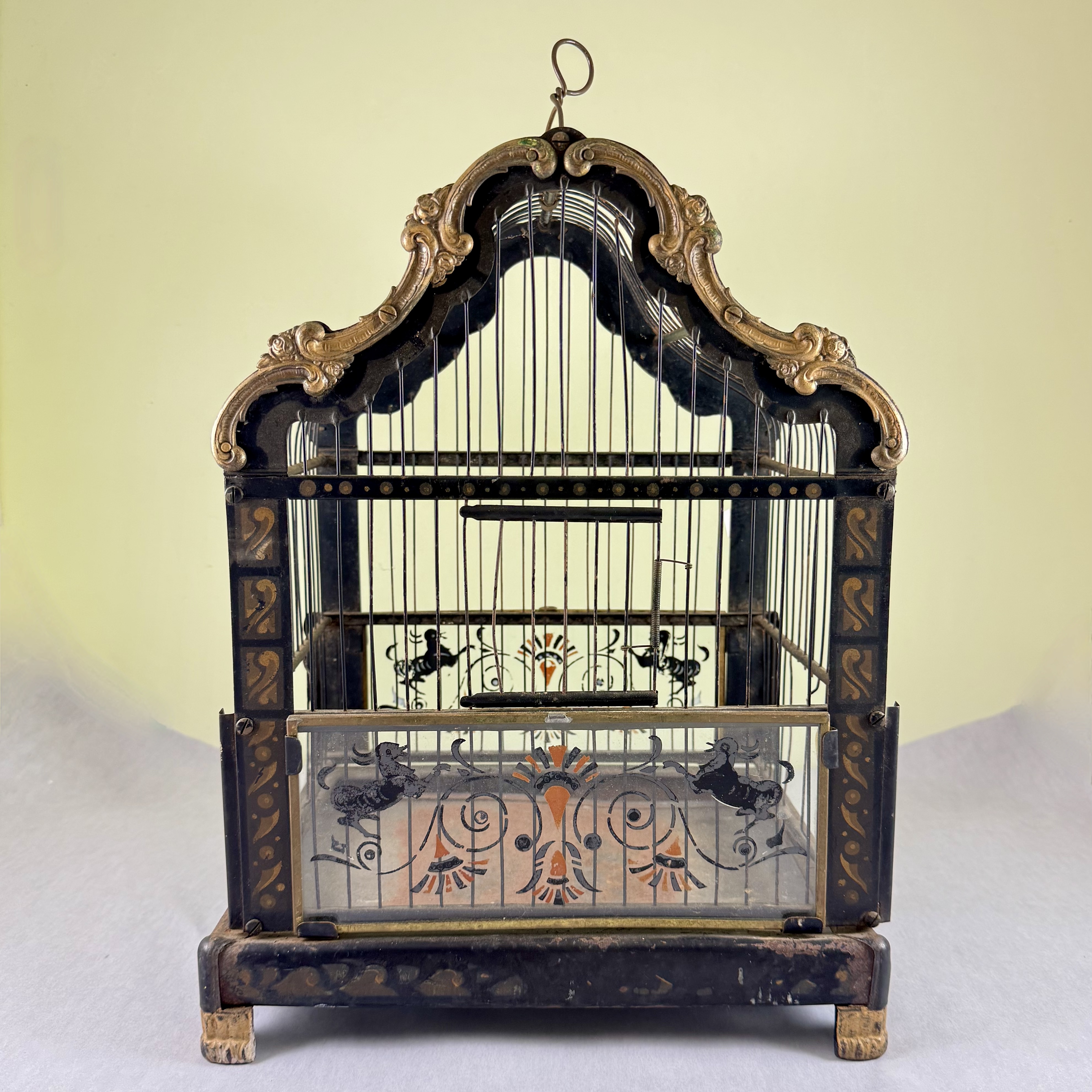 Art Nouveau Black Japanned Metal Bird Cage, Hand-Painted, Circa 1900-1920
