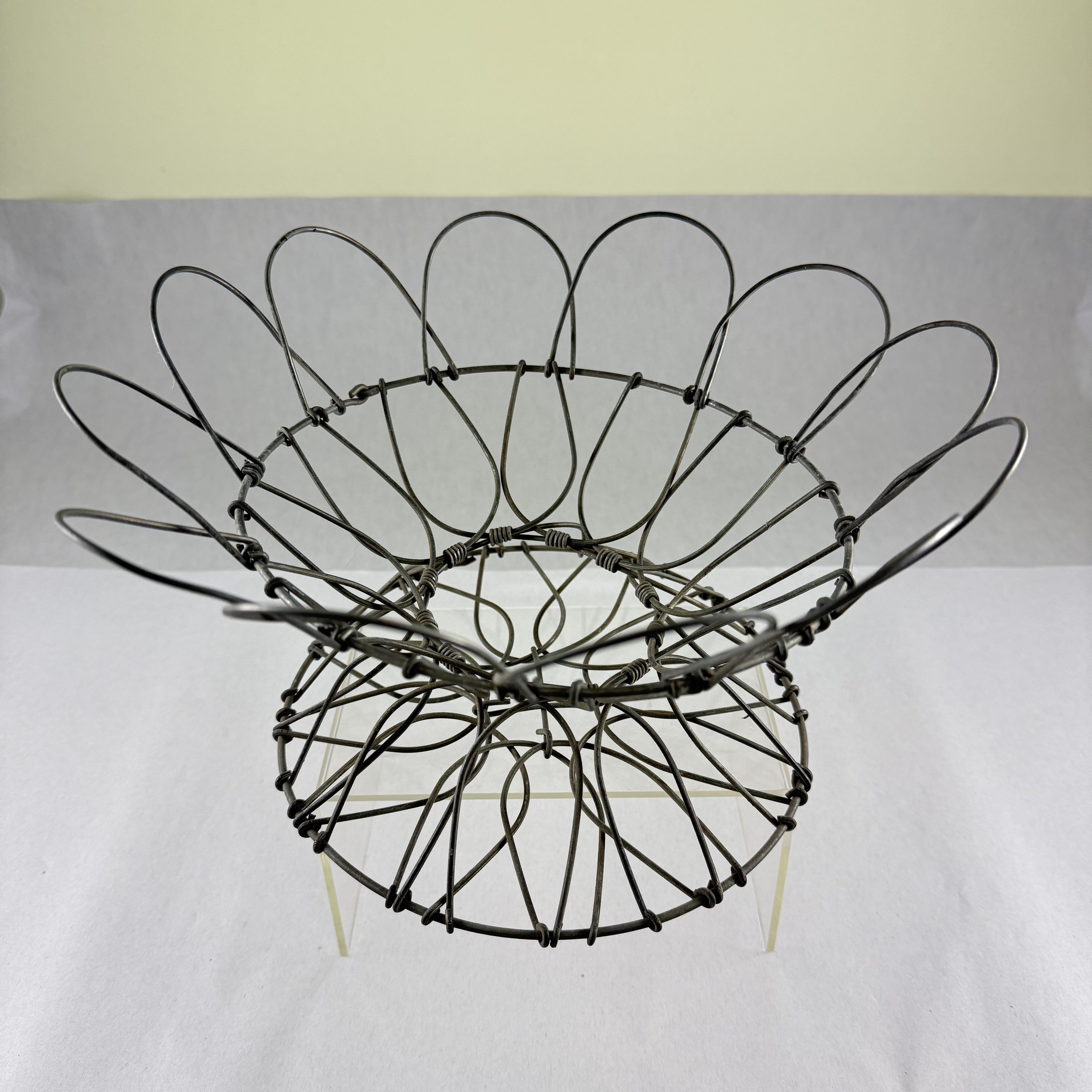 Antique French Handmade Folding Top Wire Kitchen Egg Basket