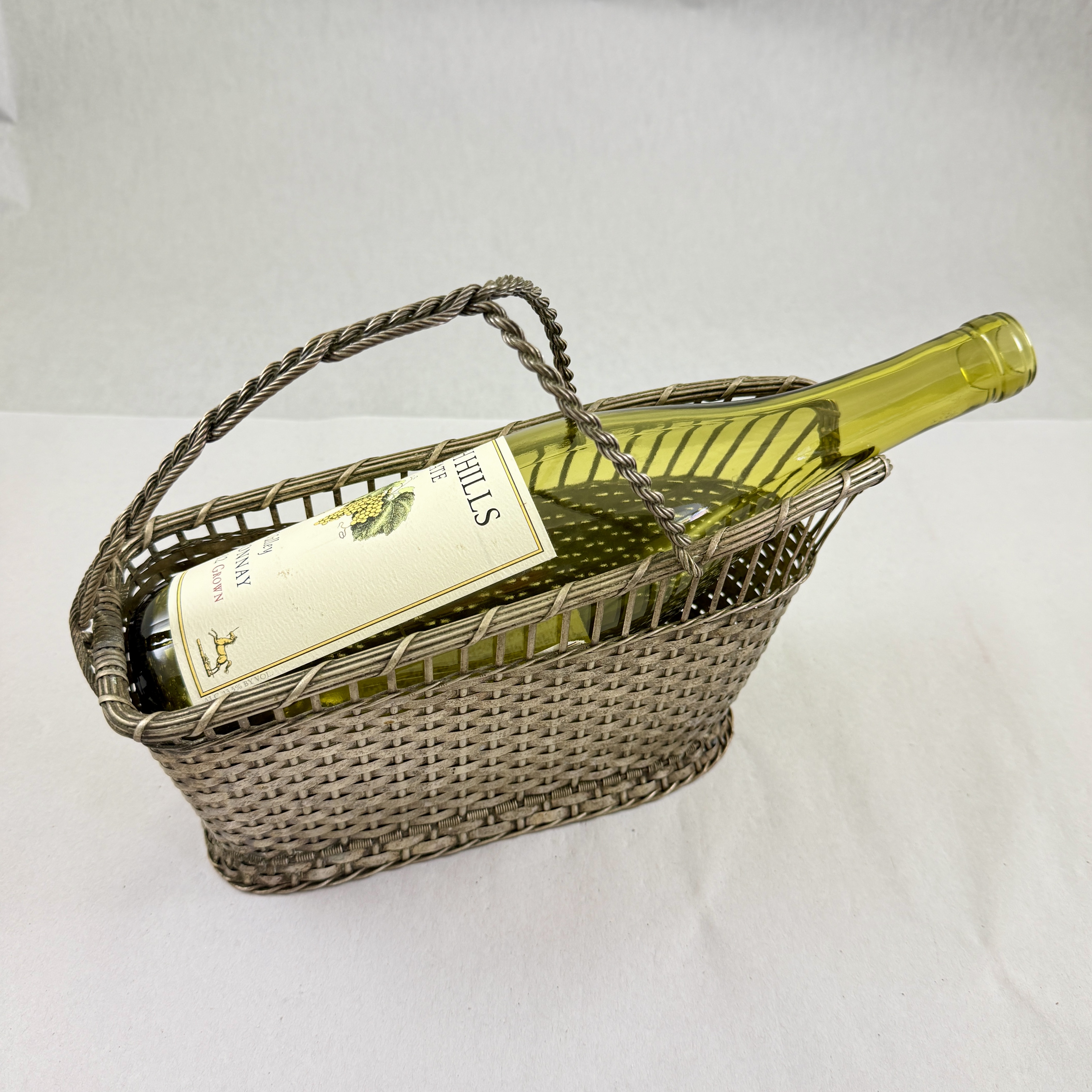 French Woven Silver Metal Wine Bottle Caddy - 1930s